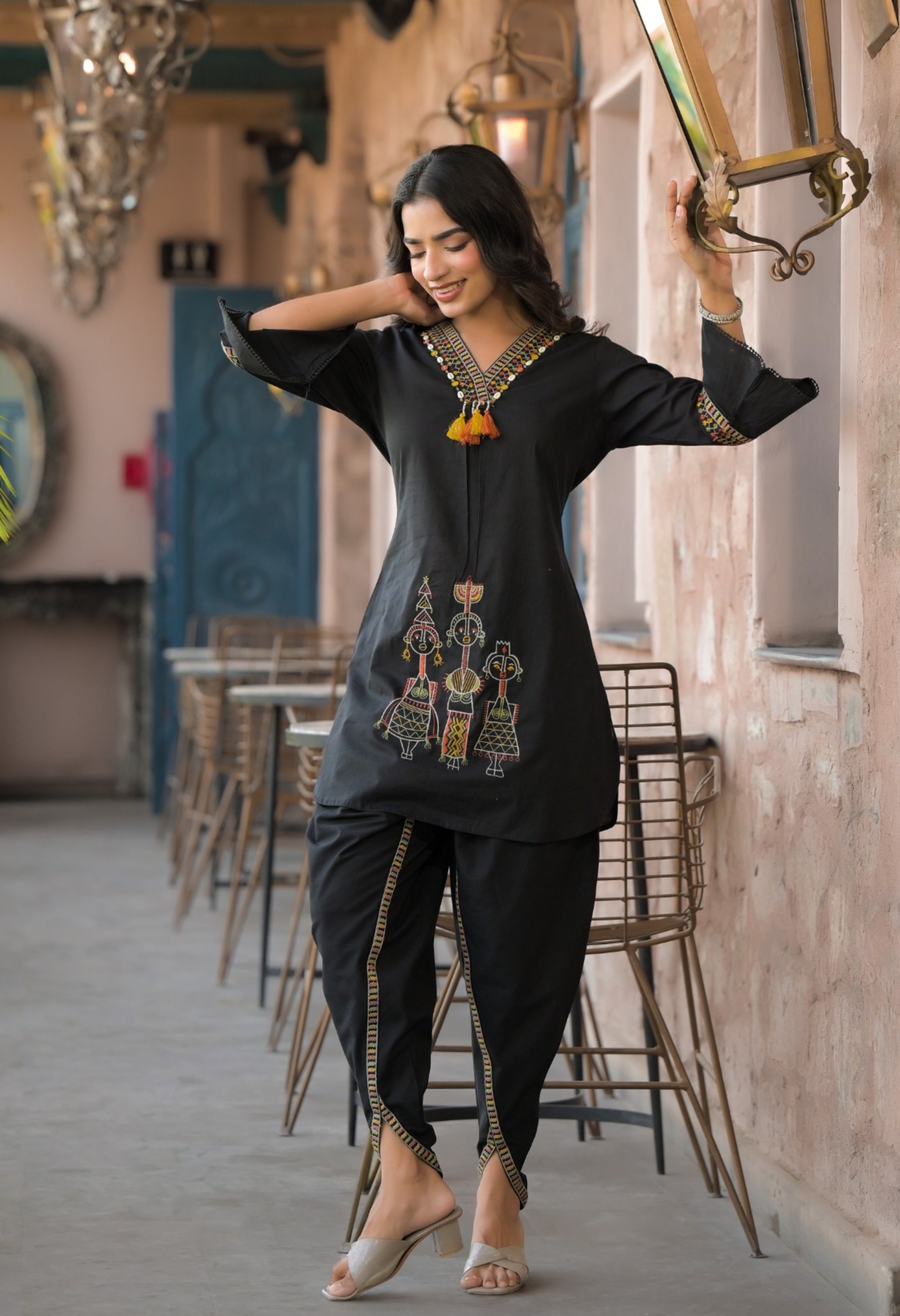 Black Cotton Embroidered Tulip Co-ord Set- Set of 2