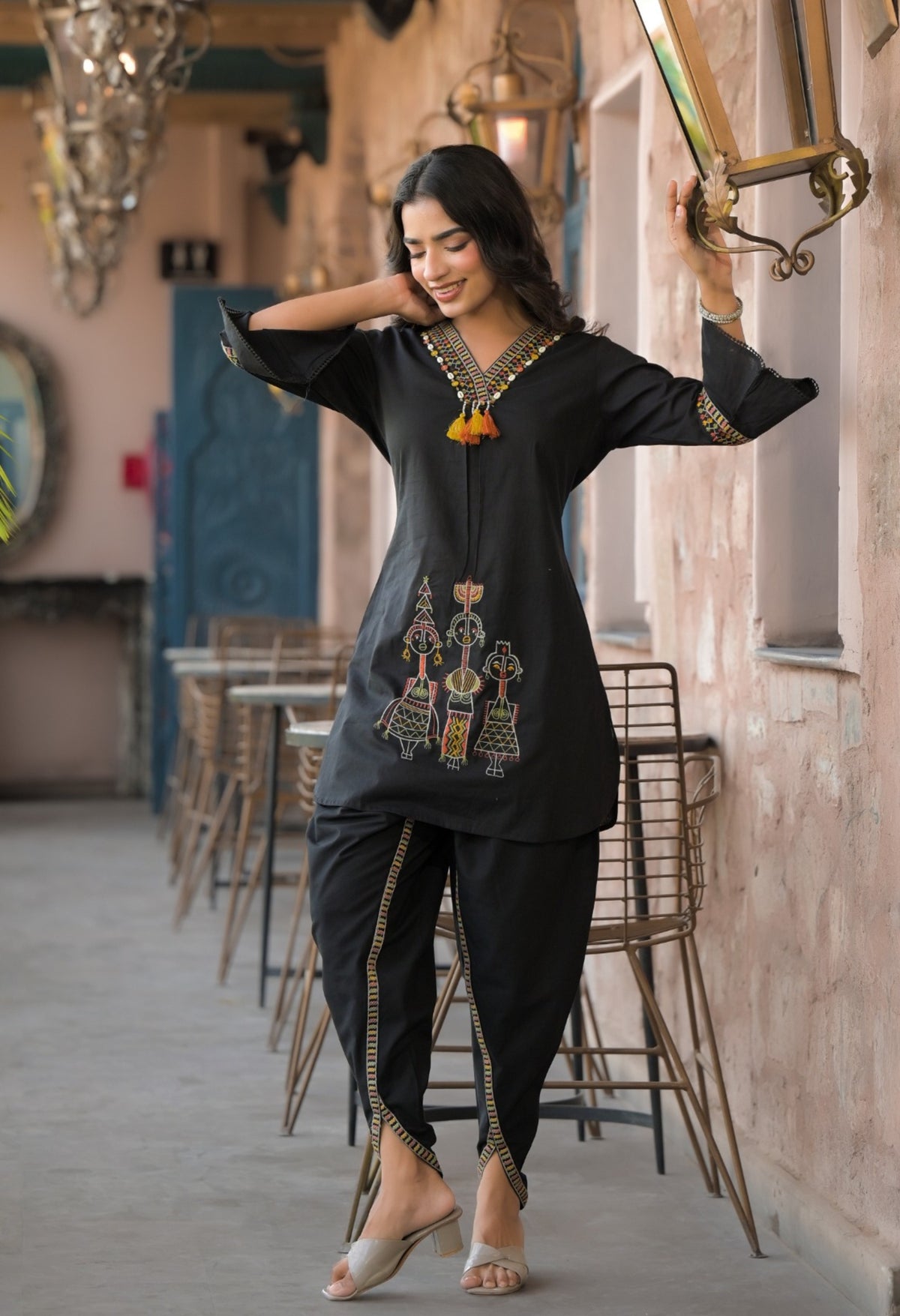 Black Cotton Embroidered Tulip Co-ord Set- Set of 2