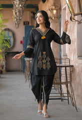 Black Cotton Embroidered Tulip Co-ord Set- Set of 2