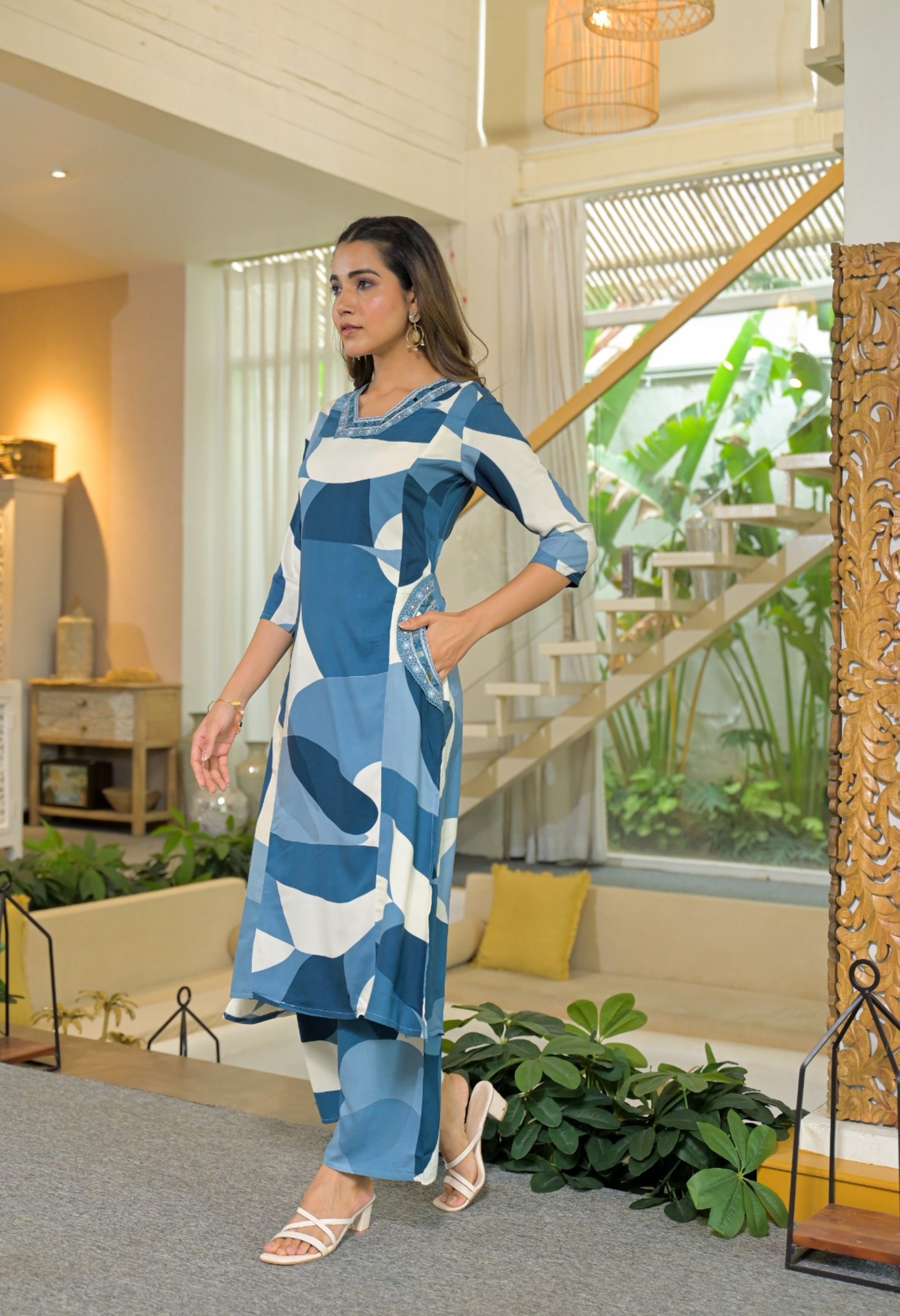 Blue Abstract Modal Cotton Embroidered Kurta Set - Set of 2