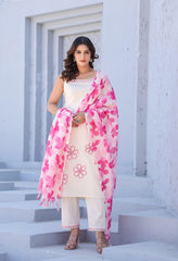 Cream Cotton Suit with Dori Work, Noddle Straps -Set of 3