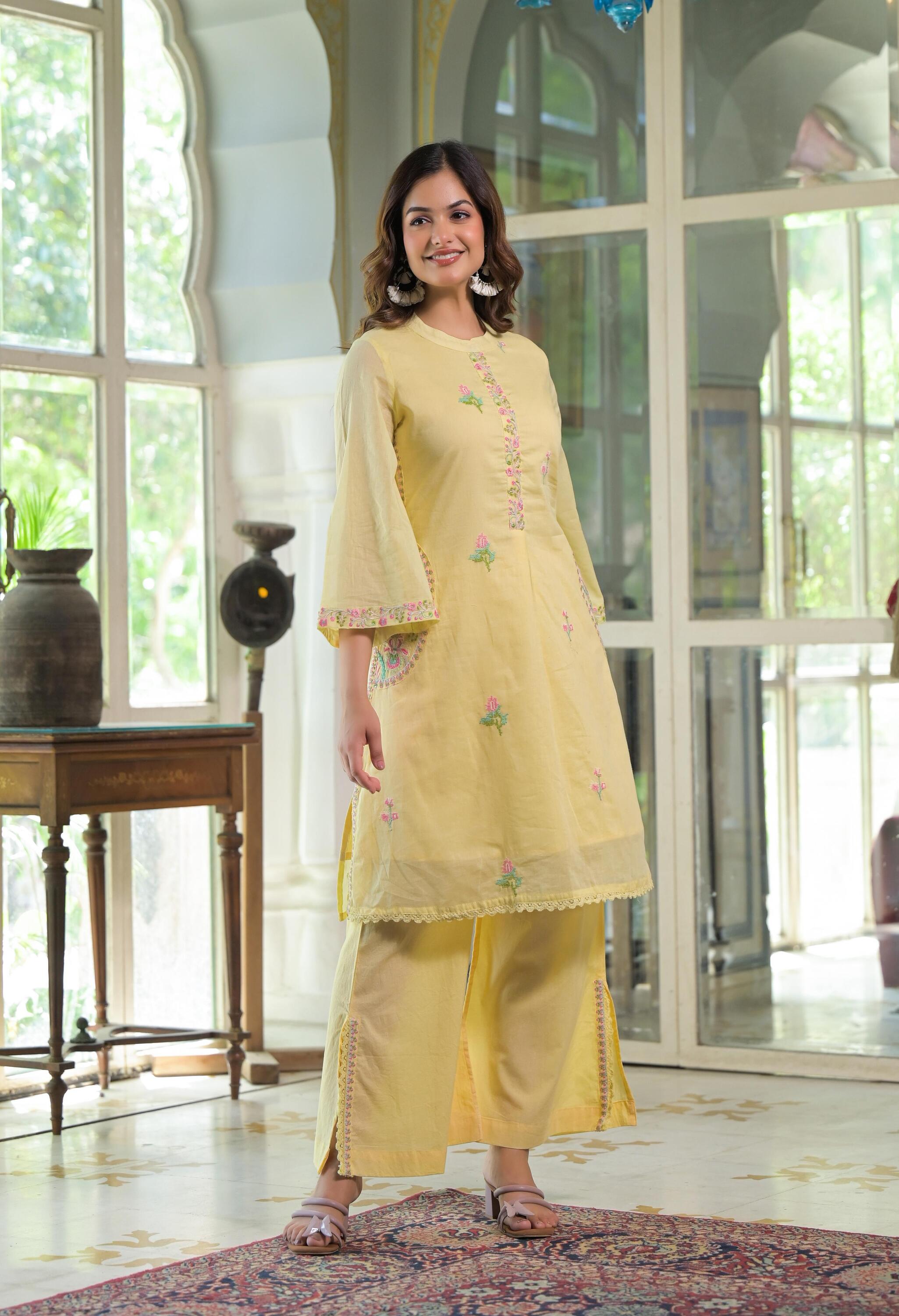 Lemon Mul Cotton Threadwork Co-ord Set- Set of 2