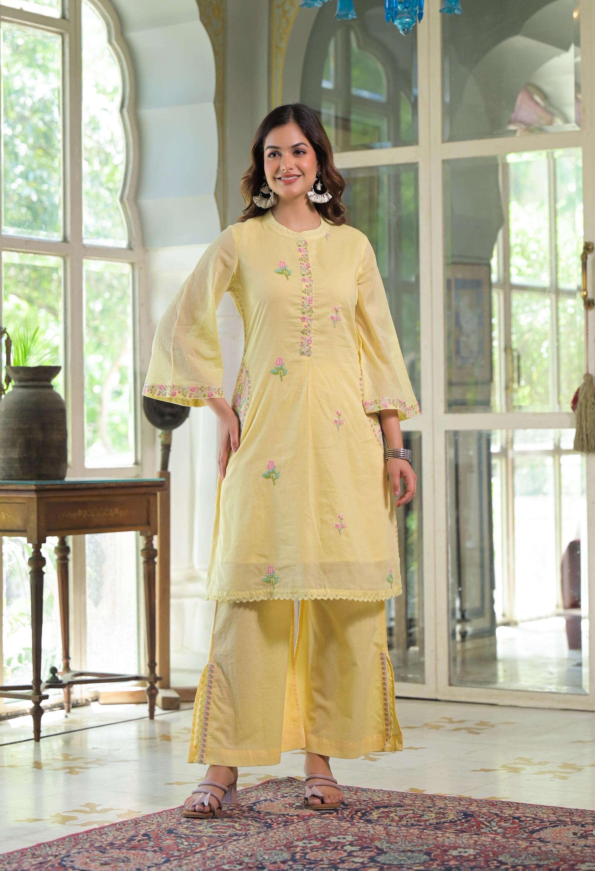 Lemon Mul Cotton Threadwork Co-ord Set- Set of 2