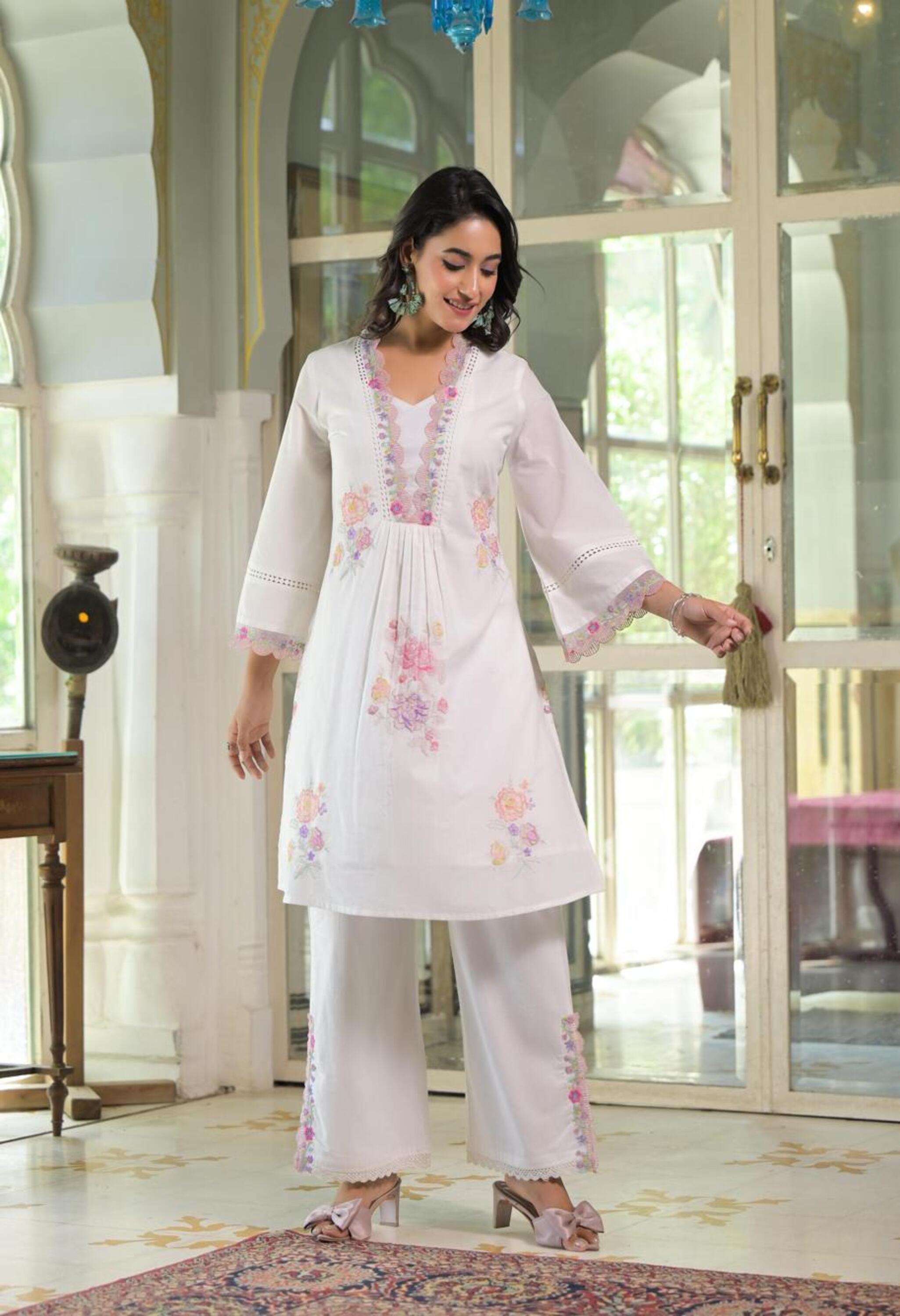 White Mul Cotton Embroidered Co-ord Set- Set of 2