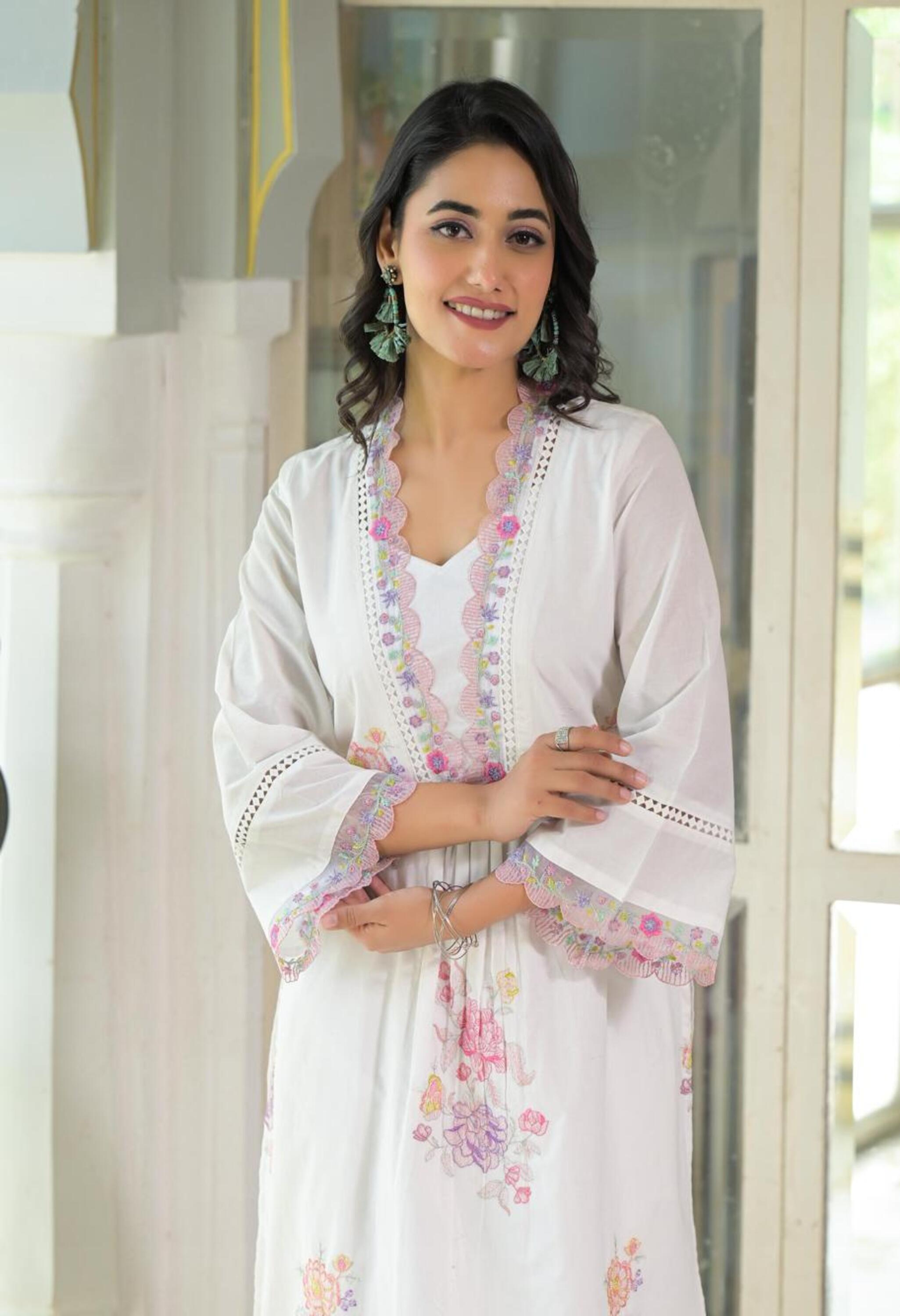White Mul Cotton Embroidered Co-ord Set- Set of 2