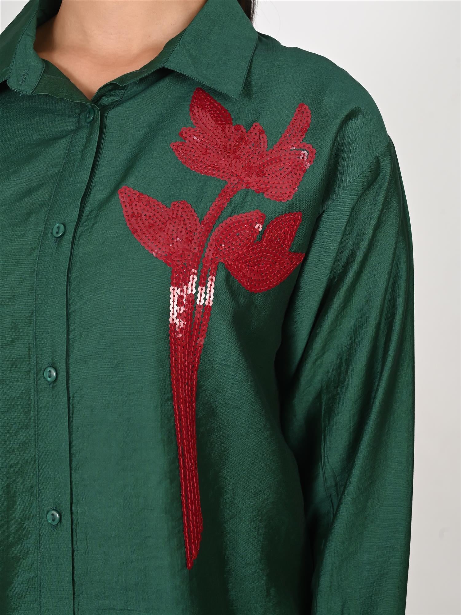Bottle Green Silk Sequin Embroidered shirt