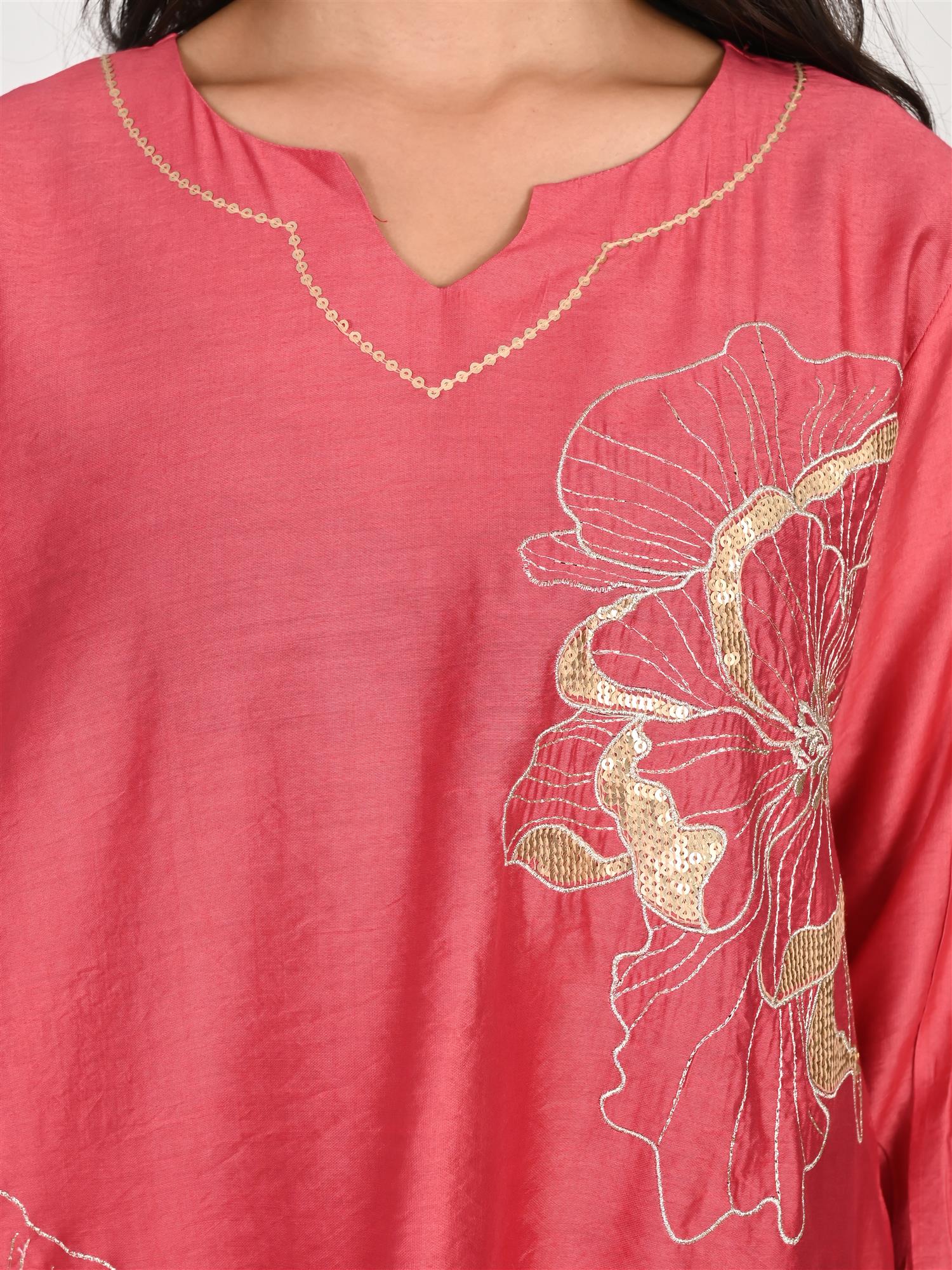 Pink Cotton silk Zari & Sequin Embroidered Indo-Western Set- Set of 2