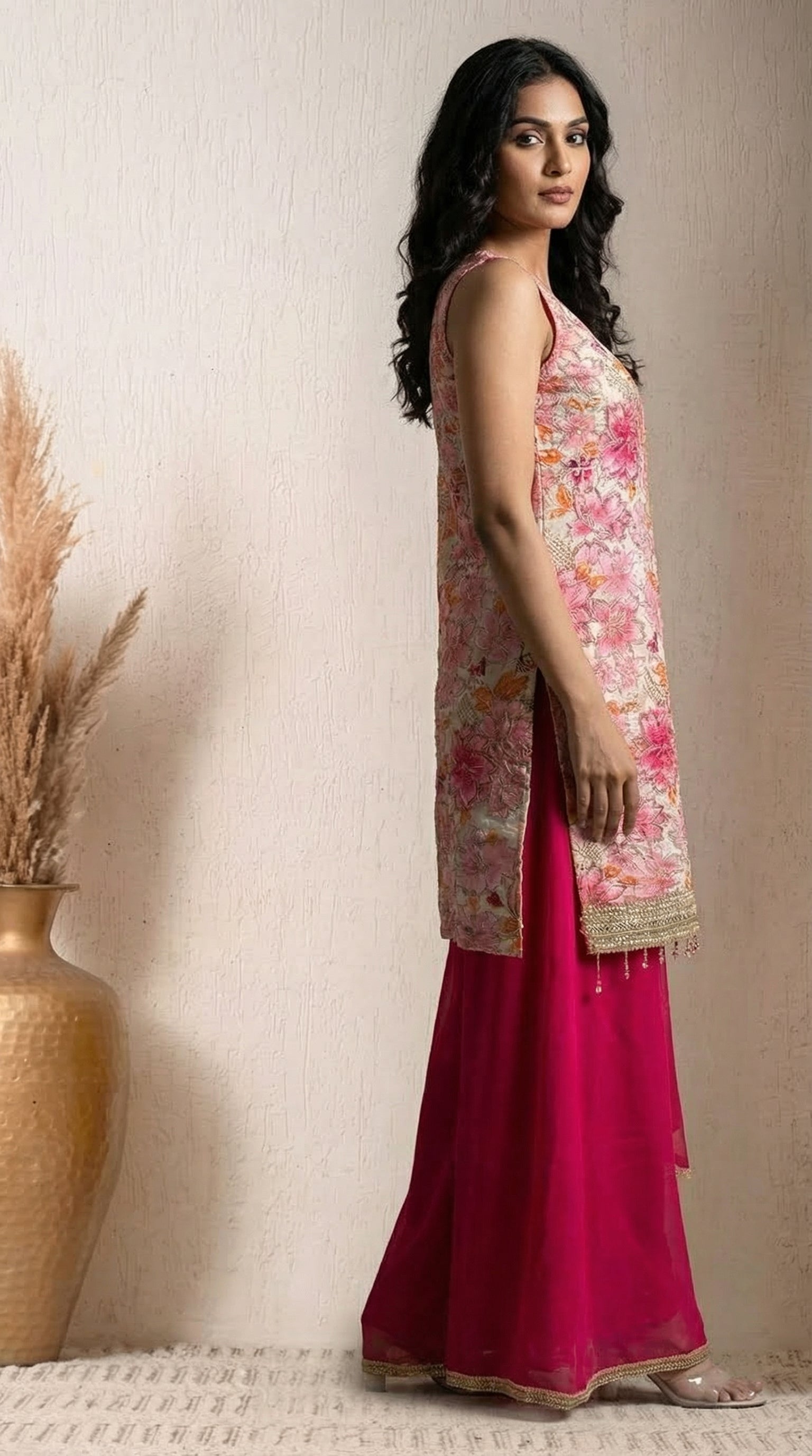 Cream And Pink Position Print Embroidered Sharara Suit- Set of 3 (Sleeves Fabric Included)