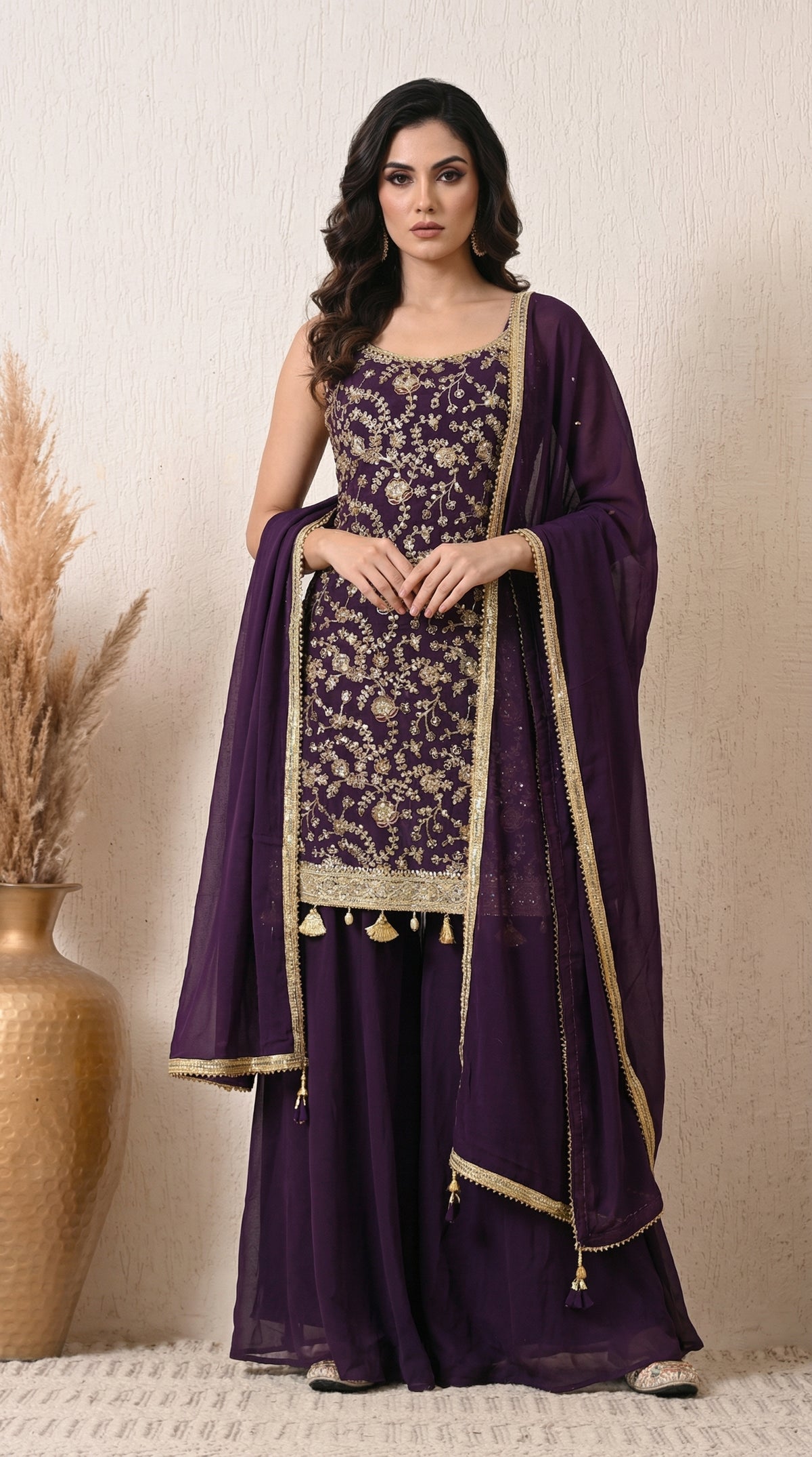 Purple Sequin Zari Embroidered Georgette Sharara Suit- Set of 3 (Sleeves Fabric Included)
