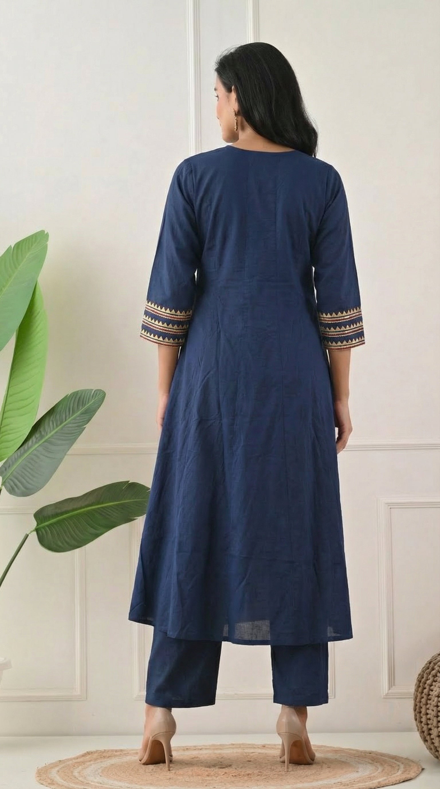 Blue Cotton Anarkali Suit with Ajrakh Print Dupatta- Set of 3