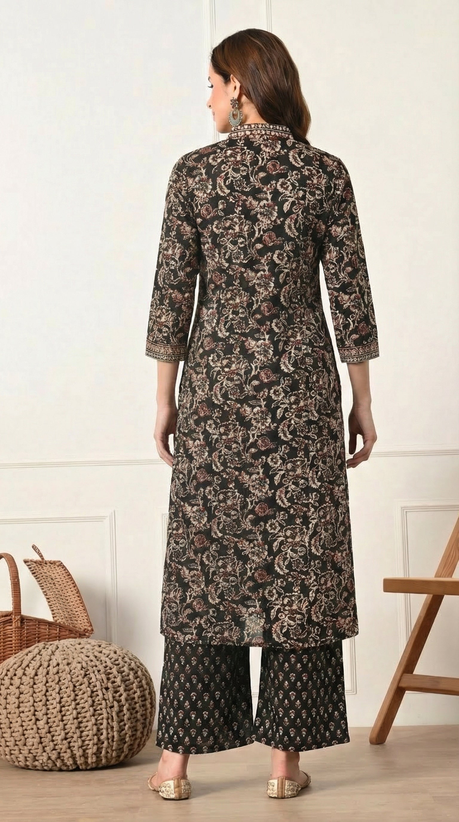 Black Ajrakh Print Cotton A-Line Suit- Set of 3