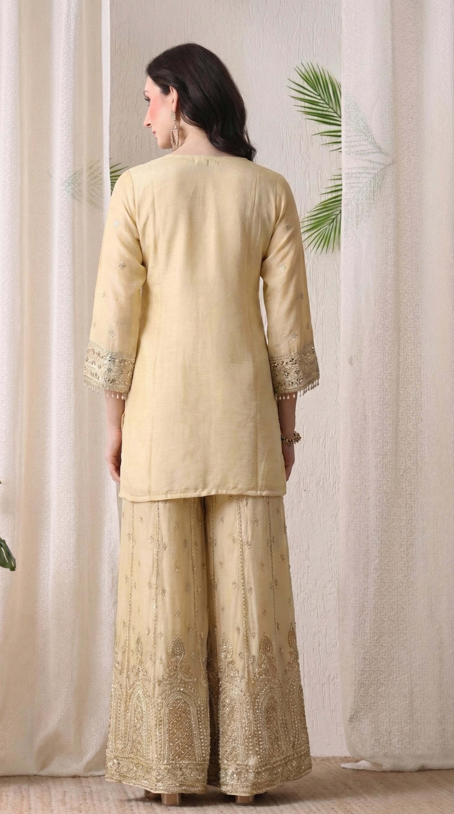 Beige Premium Silk Pearl, Bead, and Sequin Embroidered Sharara Suit- Set of 3