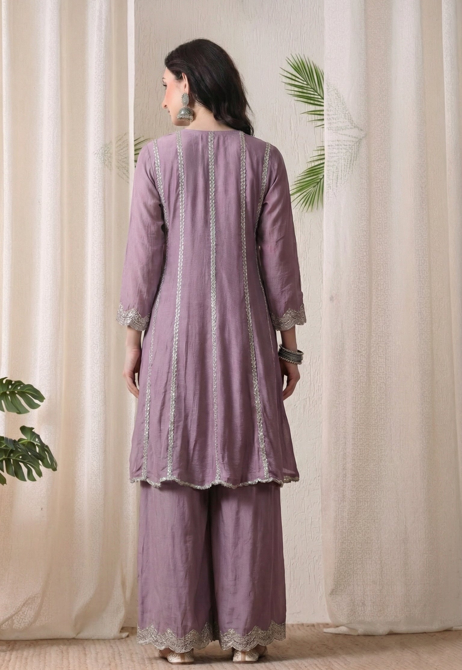 Lavender Silk Zari & Thread Embroidered Sharara Suit- Set of 3