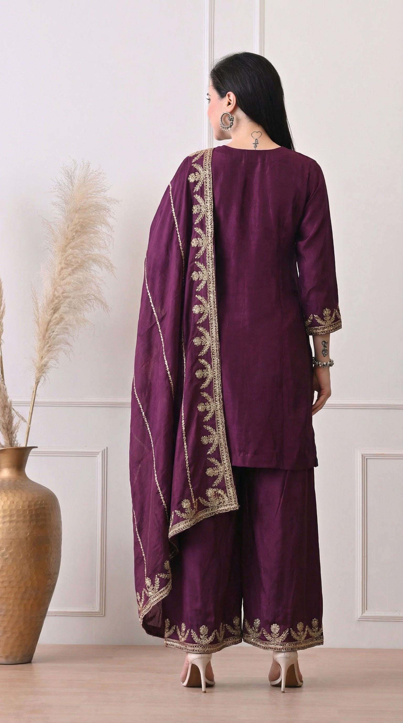 Deep Wine Zari Embroidered Silk Sharara Set- Set of 3