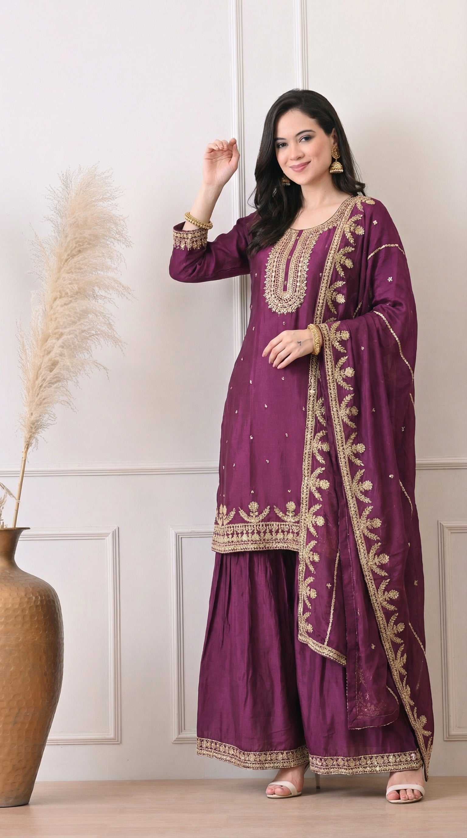 Deep Wine Zari Embroidered Silk Sharara Set- Set of 3