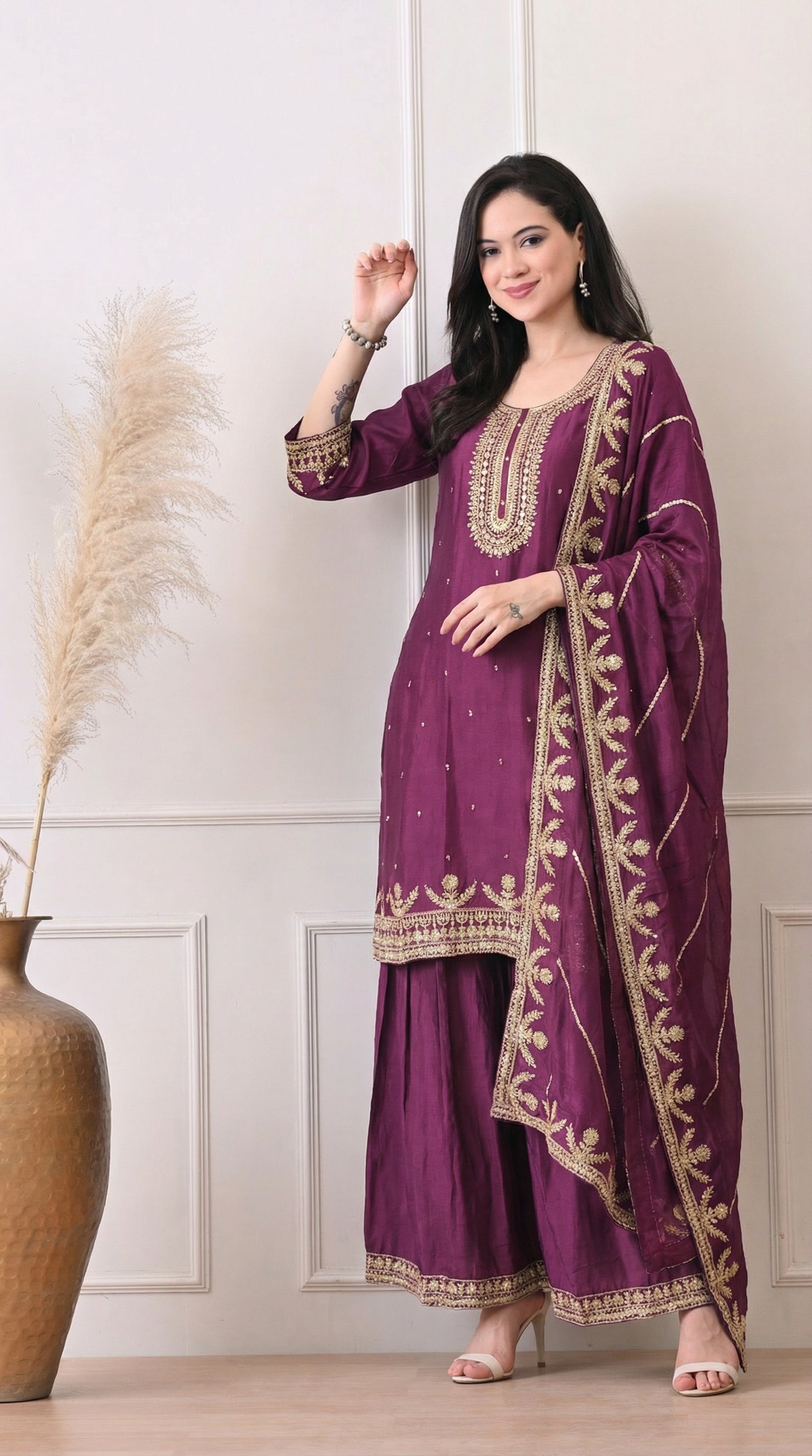 Deep Wine Zari Embroidered Silk Sharara Set- Set of 3