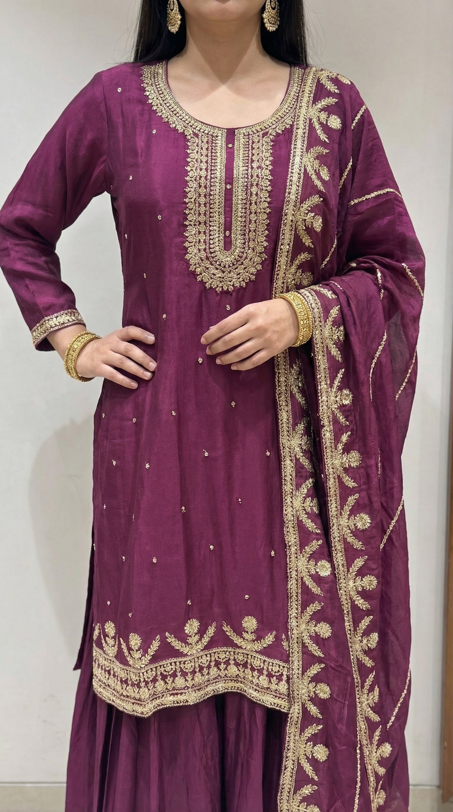 Deep Wine Zari Embroidered Silk Sharara Set- Set of 3