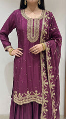 Deep Wine Zari Embroidered Silk Sharara Set- Set of 3