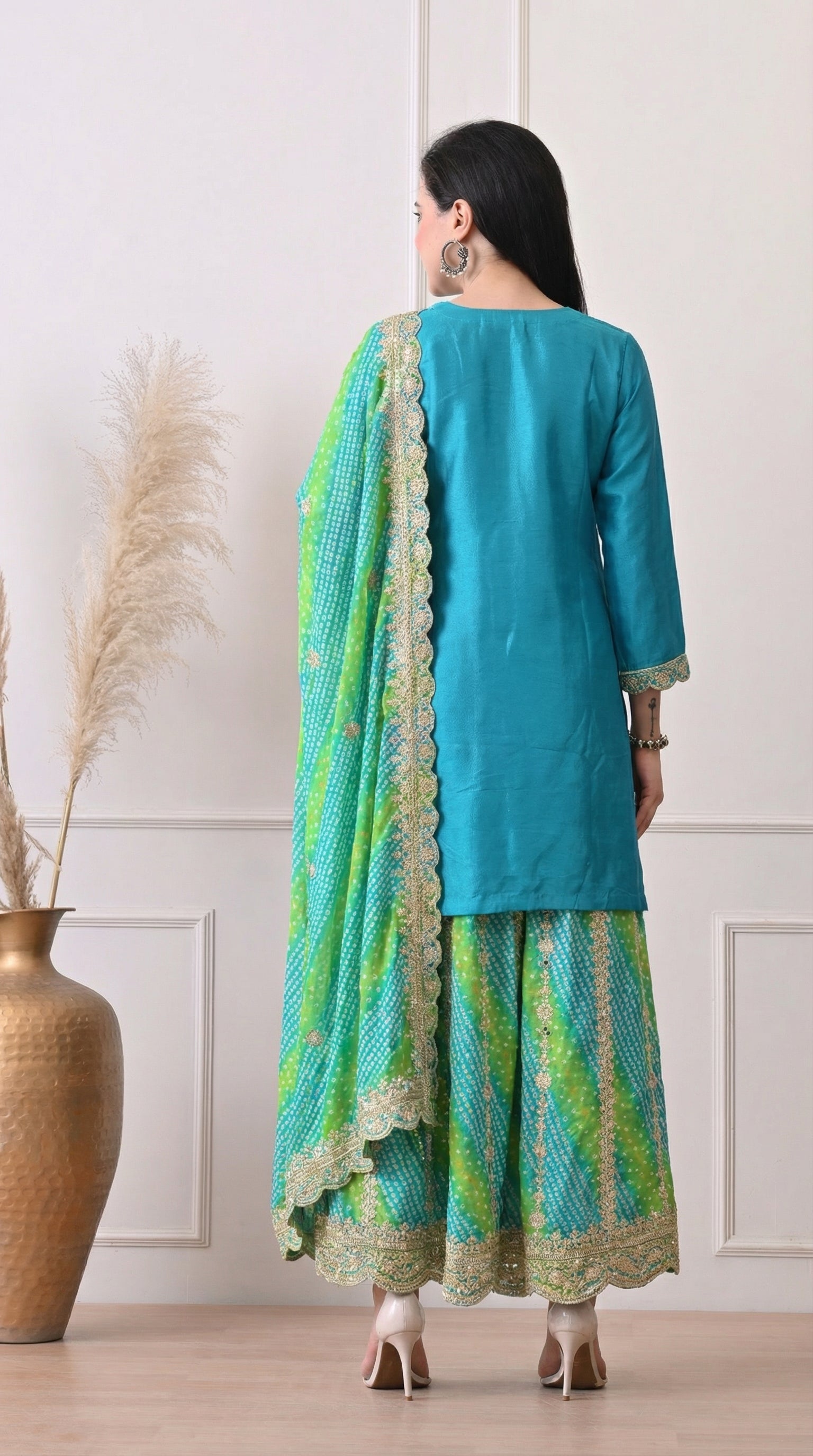 Teal & Green Bandhani Crepe Embroidered Sharara Set- Set of 3