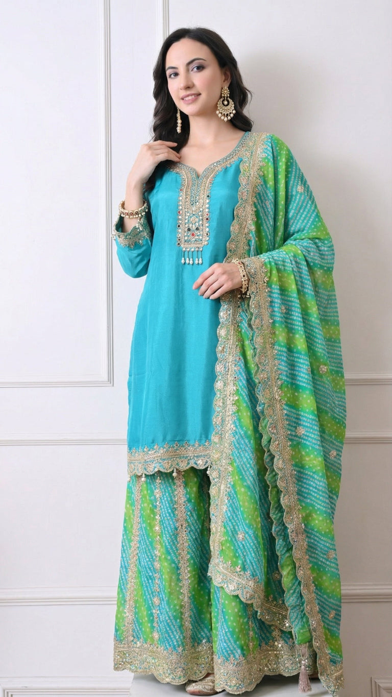 Teal & Green Bandhani Crepe Embroidered Sharara Set- Set of 3