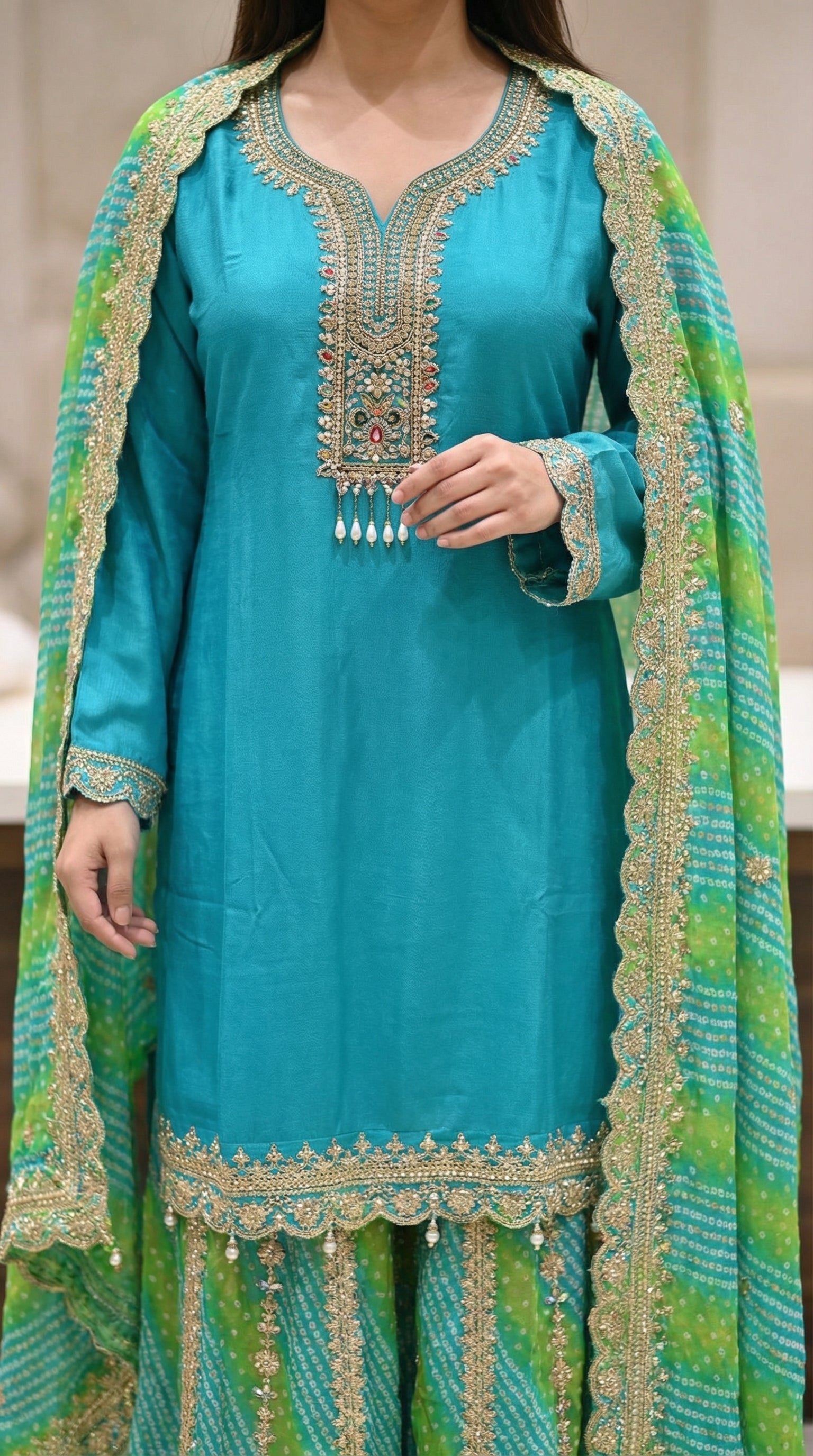 Teal & Green Bandhani Crepe Embroidered Sharara Set- Set of 3