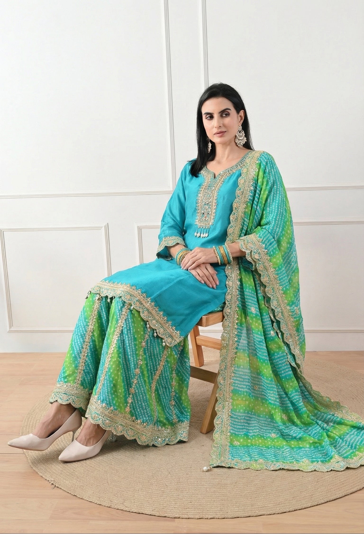 Teal & Green Bandhani Crepe Embroidered Sharara Set- Set of 3