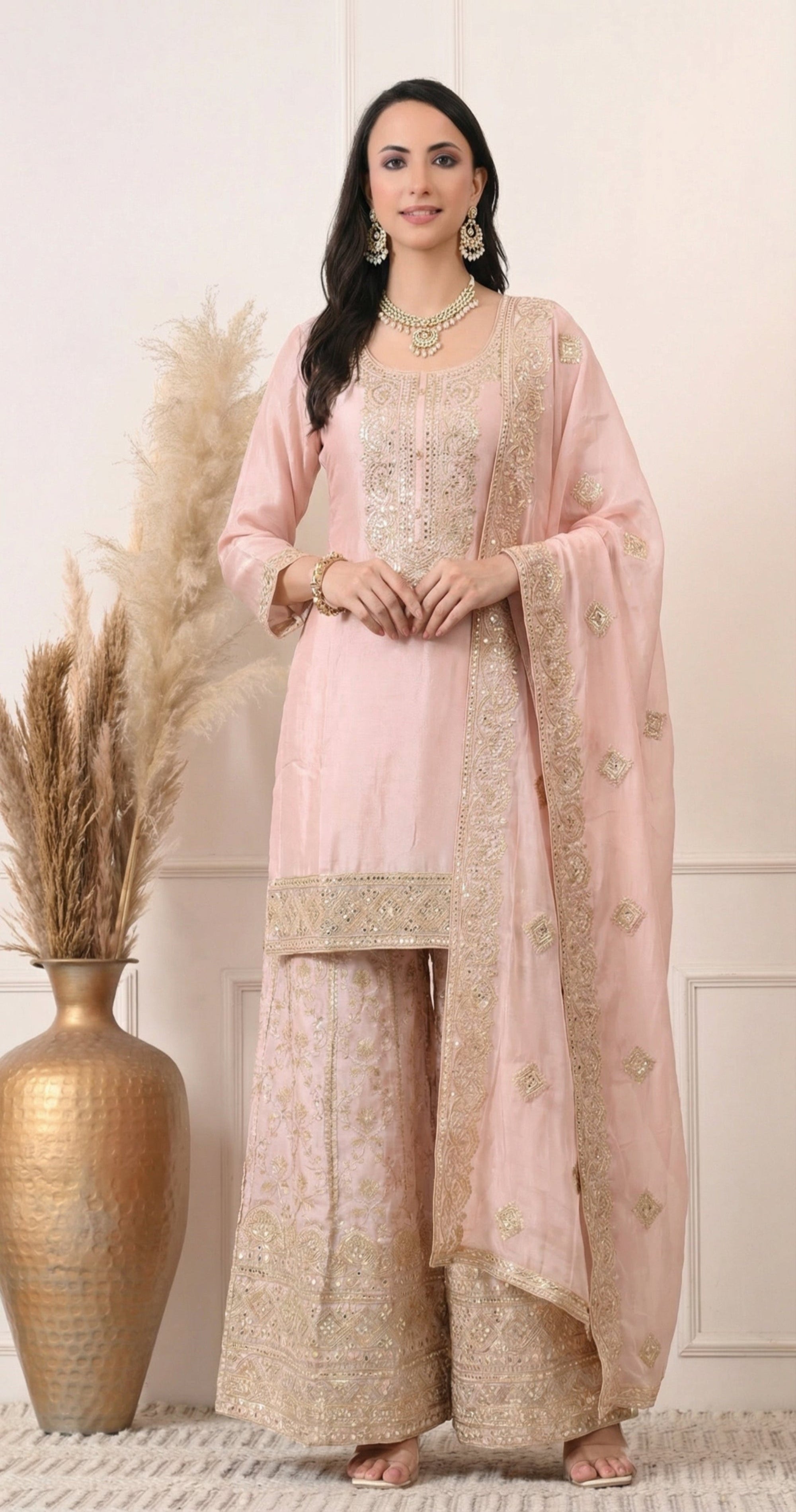 Pastel Pink Premium Silk Embroidered Sharara Suit- Set of 3