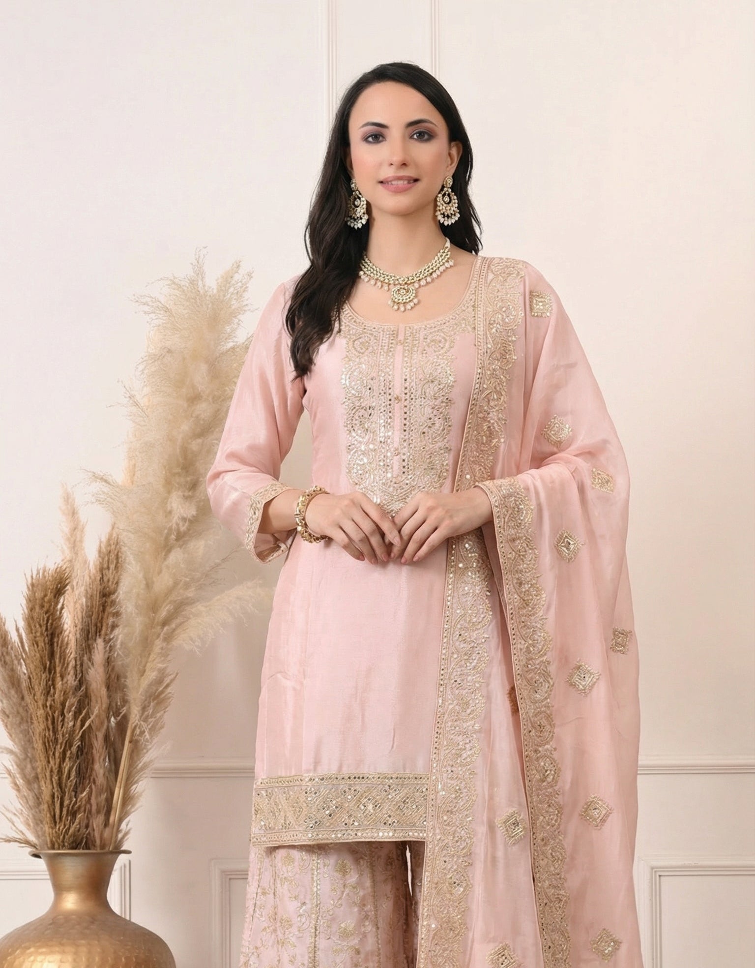Pastel Pink Premium Silk Embroidered Sharara Suit- Set of 3