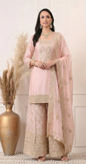 Pastel Pink Premium Silk Embroidered Sharara Suit- Set of 3