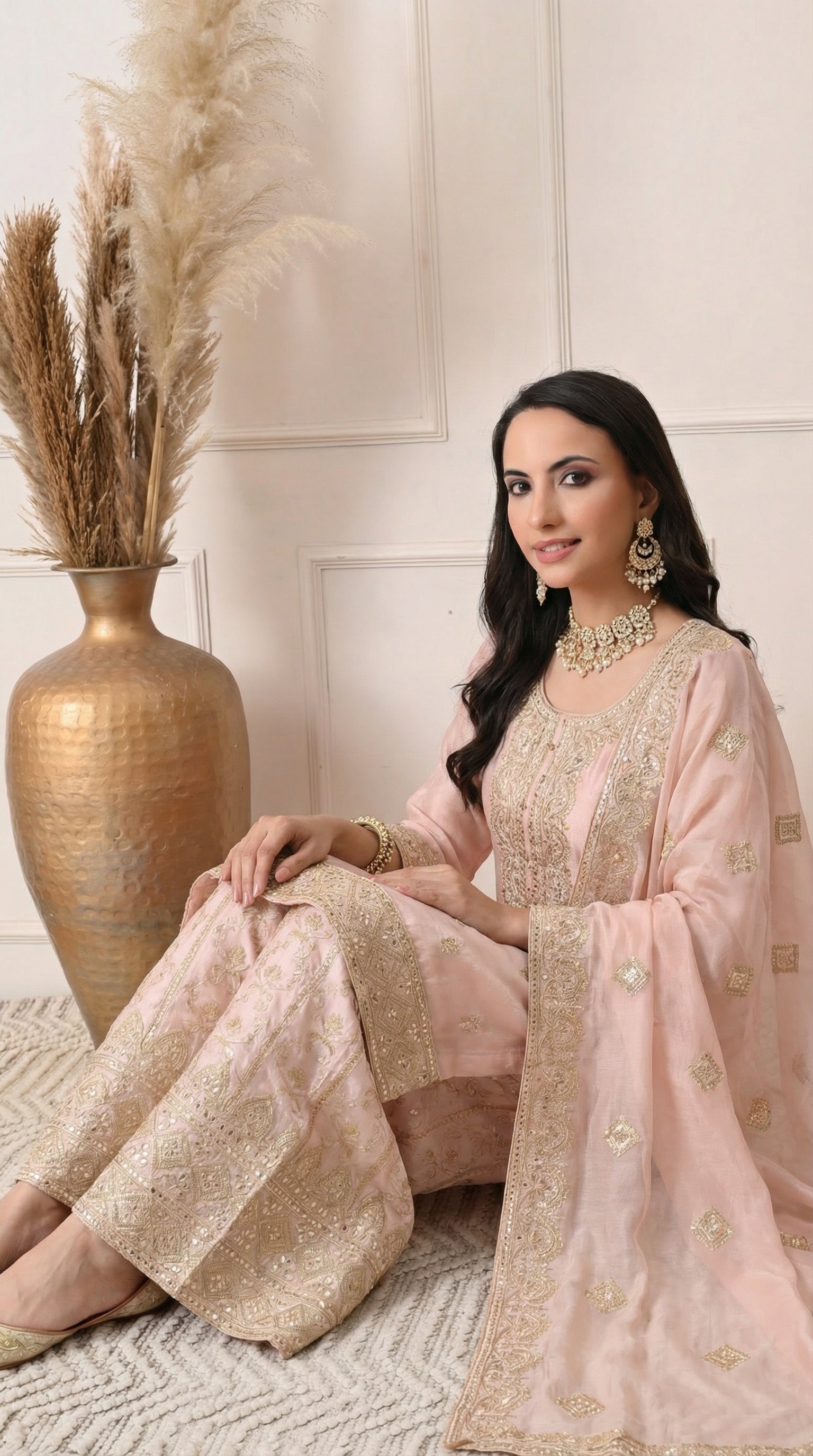 Pastel Pink Premium Silk Embroidered Sharara Suit- Set of 3