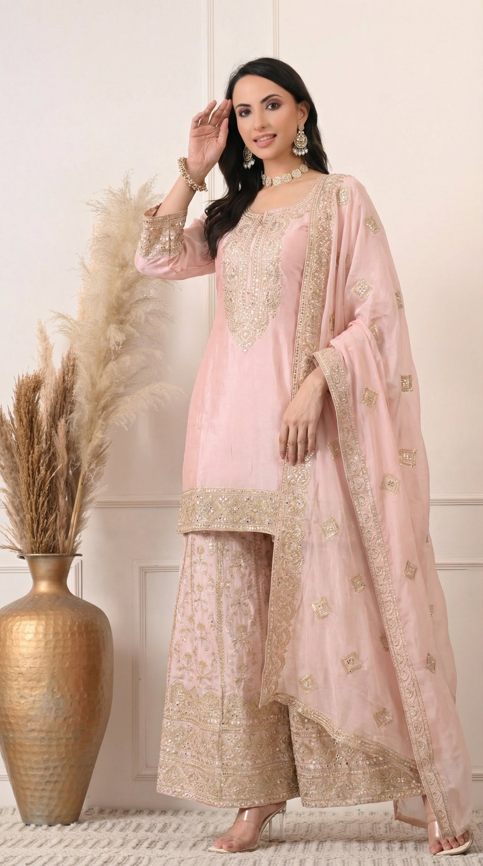 Pastel Pink Premium Silk Embroidered Sharara Suit- Set of 3