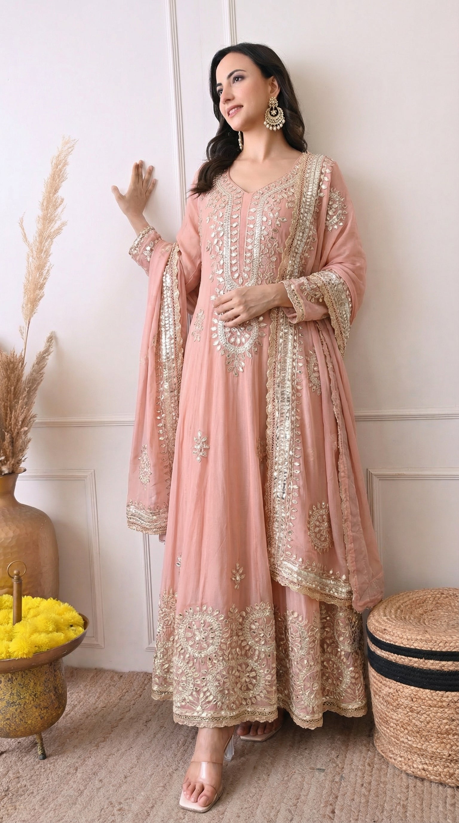 Premium Georgette Peach Anarkali with Gota Patti & Zari Embroidery- Set of 2