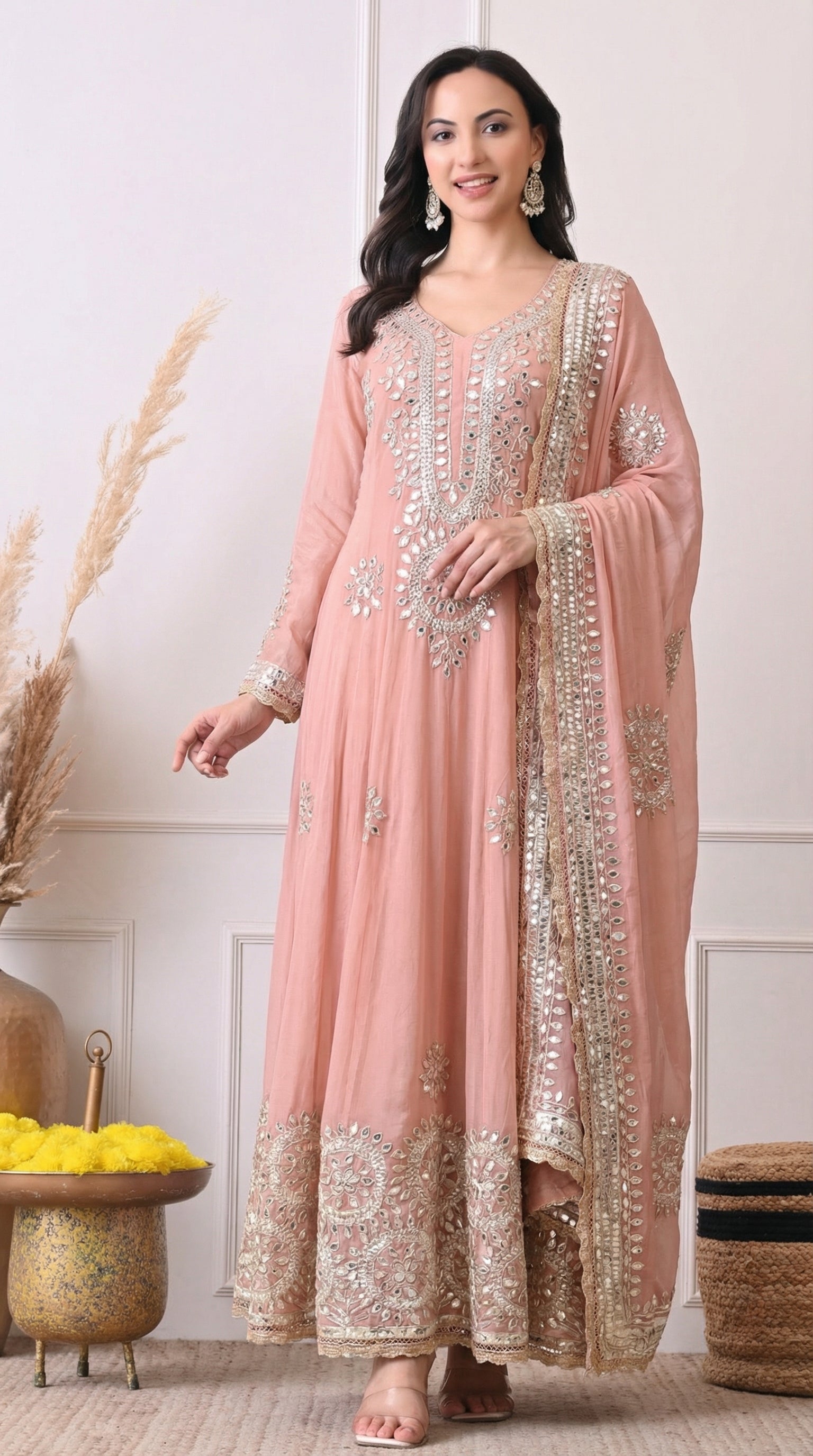 Premium Georgette Peach Anarkali with Gota Patti & Zari Embroidery- Set of 2