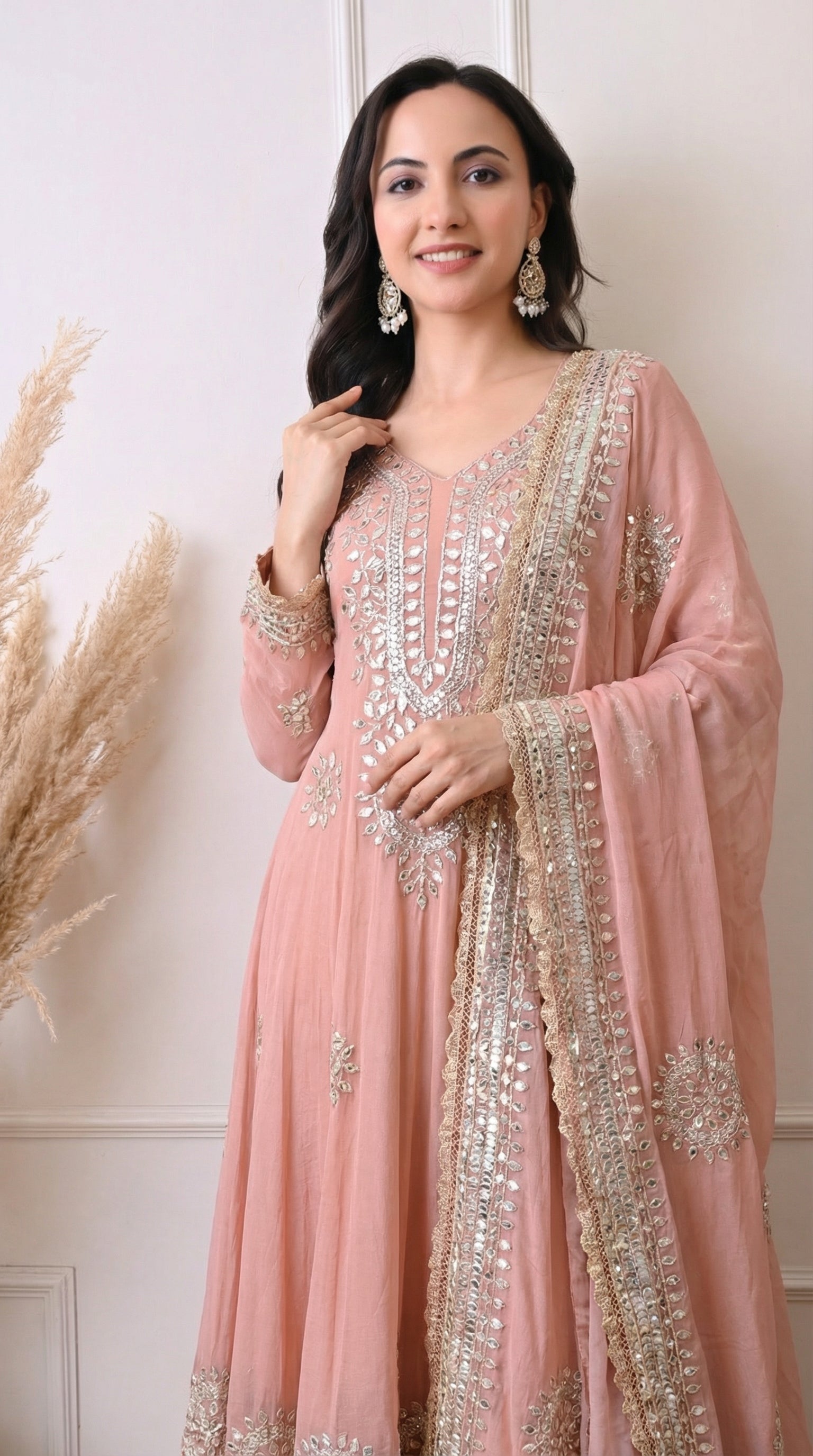 Premium Georgette Peach Anarkali with Gota Patti & Zari Embroidery- Set of 2