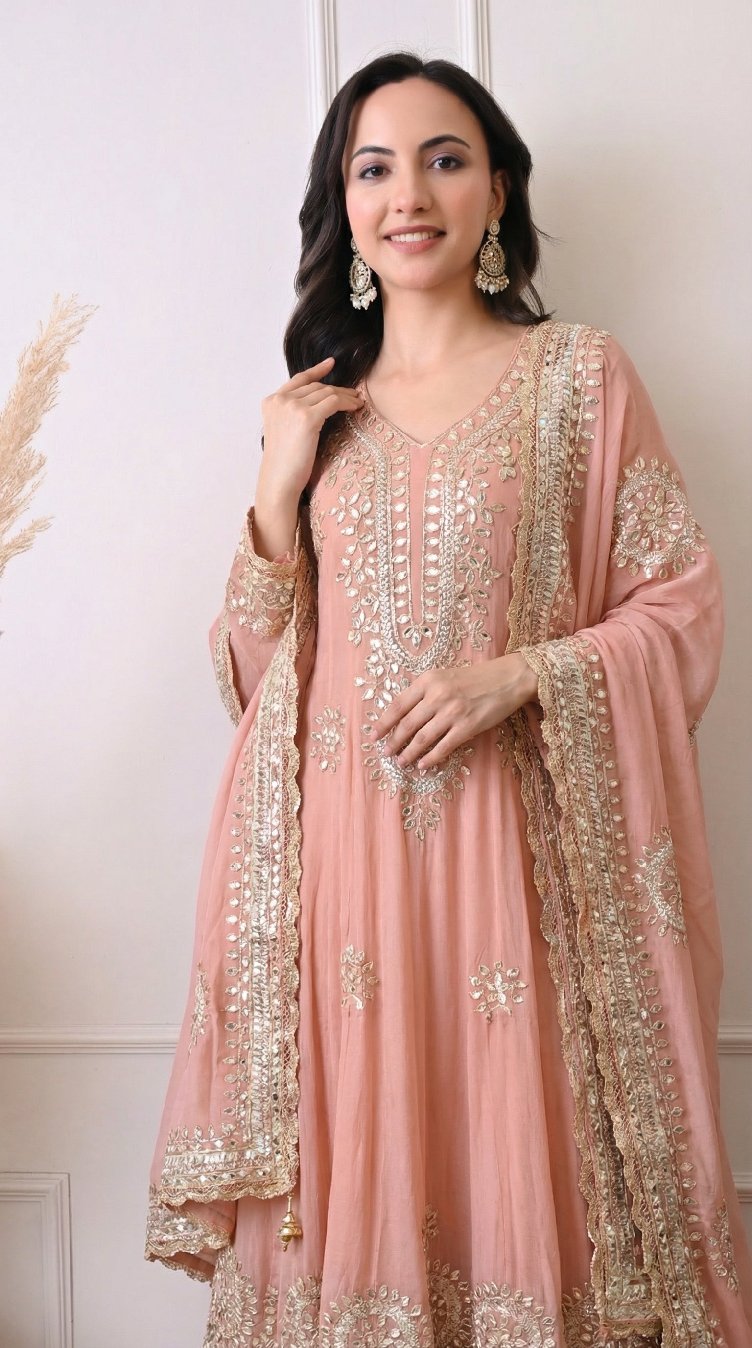 Premium Georgette Peach Anarkali with Gota Patti & Zari Embroidery- Set of 2