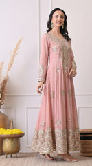 Premium Georgette Peach Anarkali with Gota Patti & Zari Embroidery- Set of 2