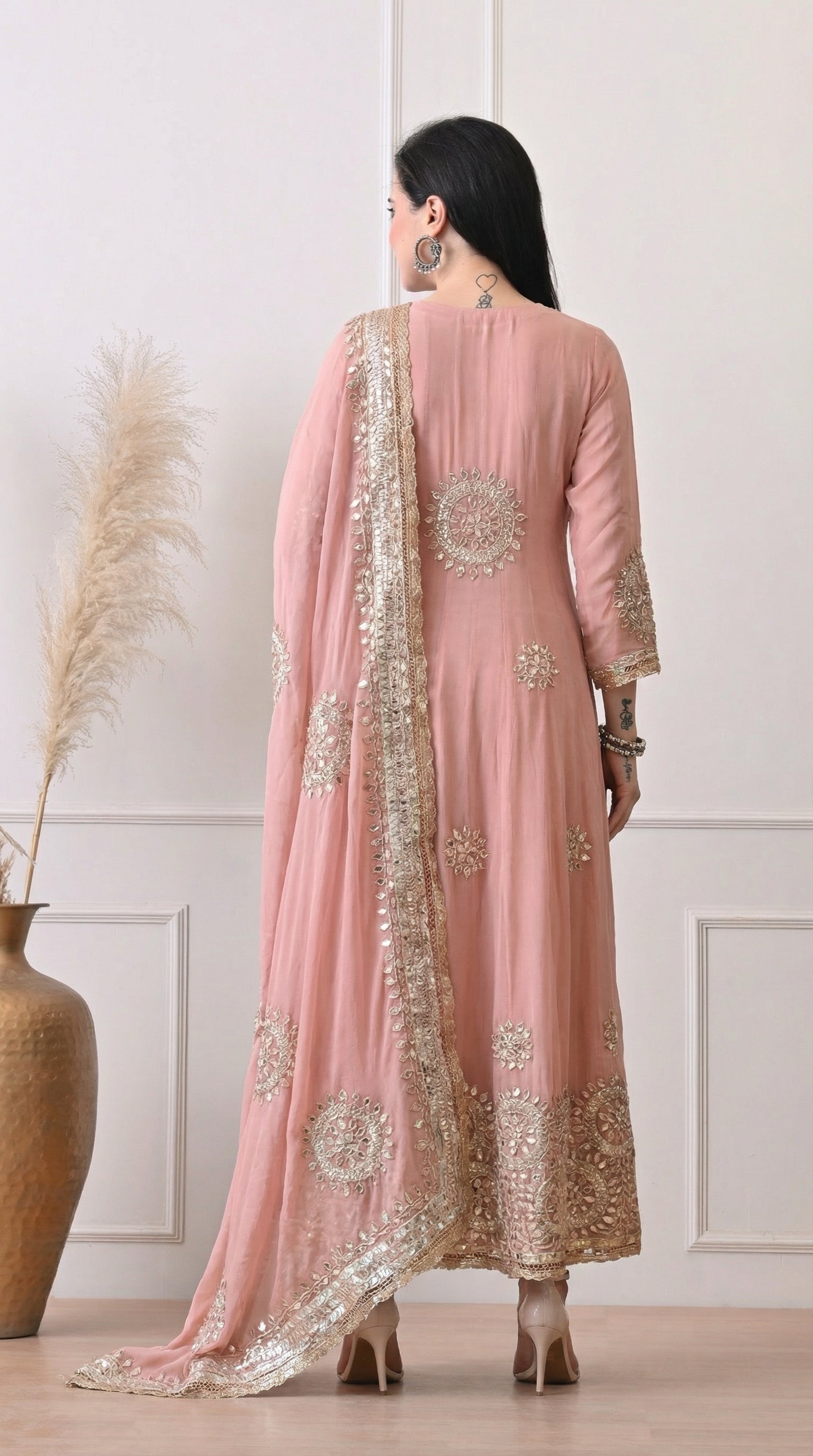 Premium Georgette Peach Anarkali with Gota Patti & Zari Embroidery- Set of 2