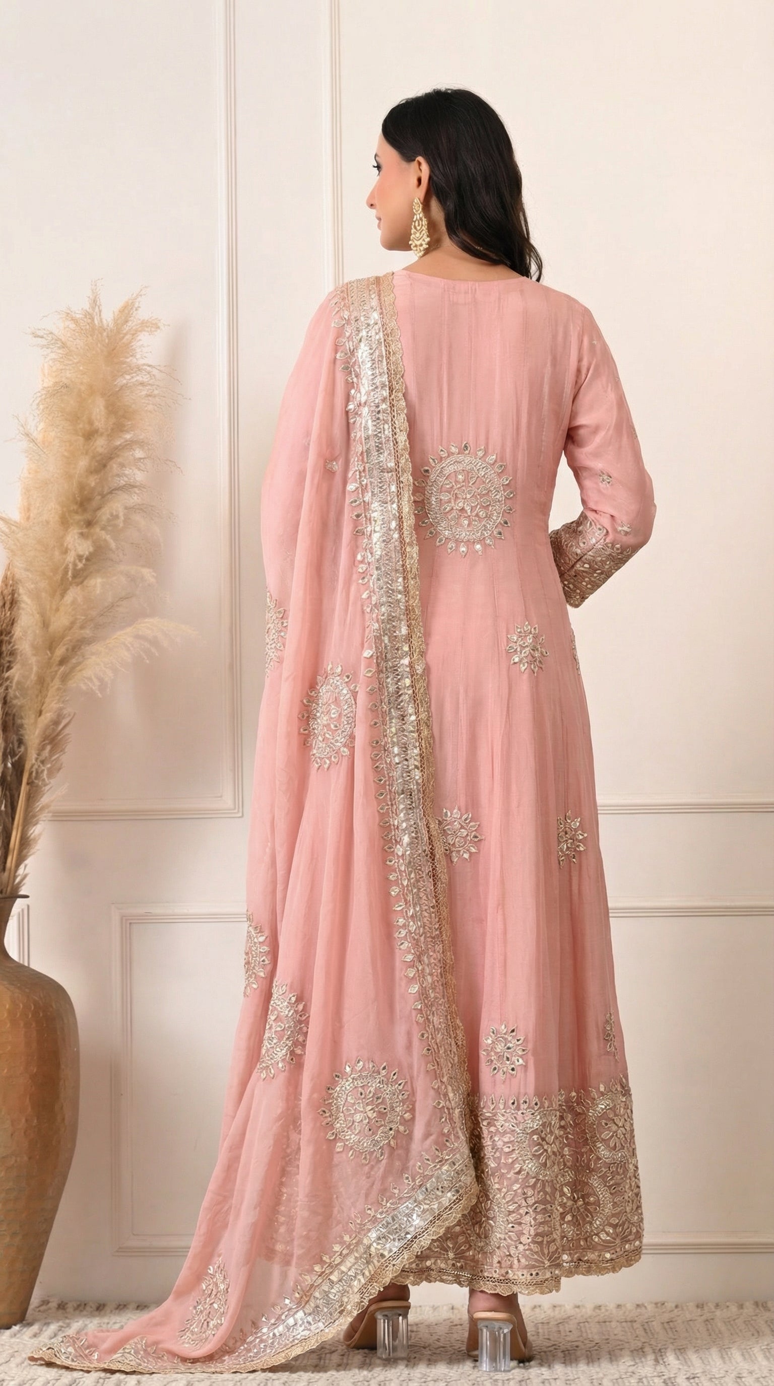 Premium Georgette Peach Anarkali with Gota Patti & Zari Embroidery- Set of 2