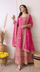 Hot Pink Silk Zari Embroidered Anarkali Suit- Set of 2