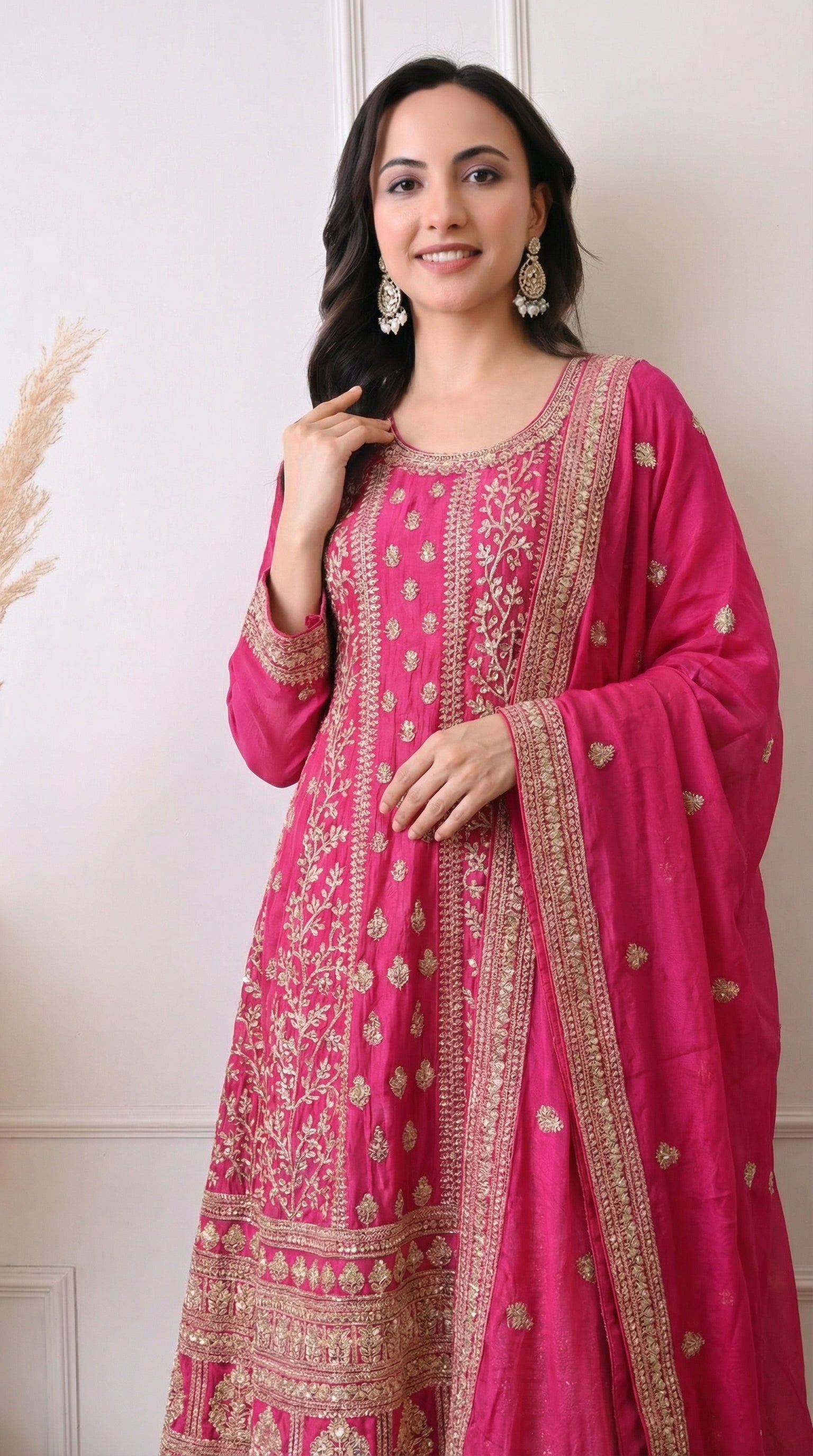 Hot Pink Silk Zari Embroidered Anarkali Suit- Set of 2