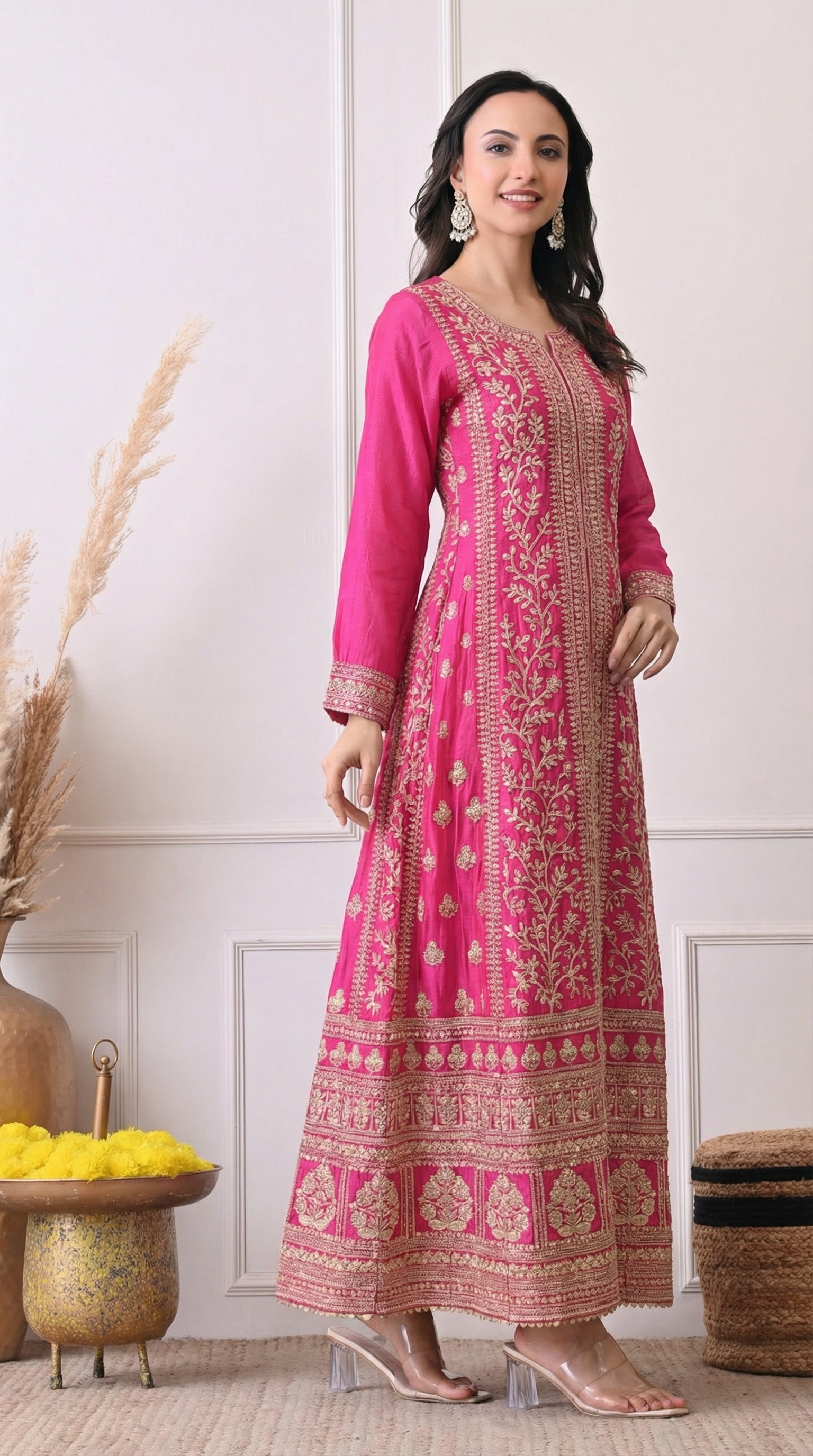 Hot Pink Silk Zari Embroidered Anarkali Suit- Set of 2