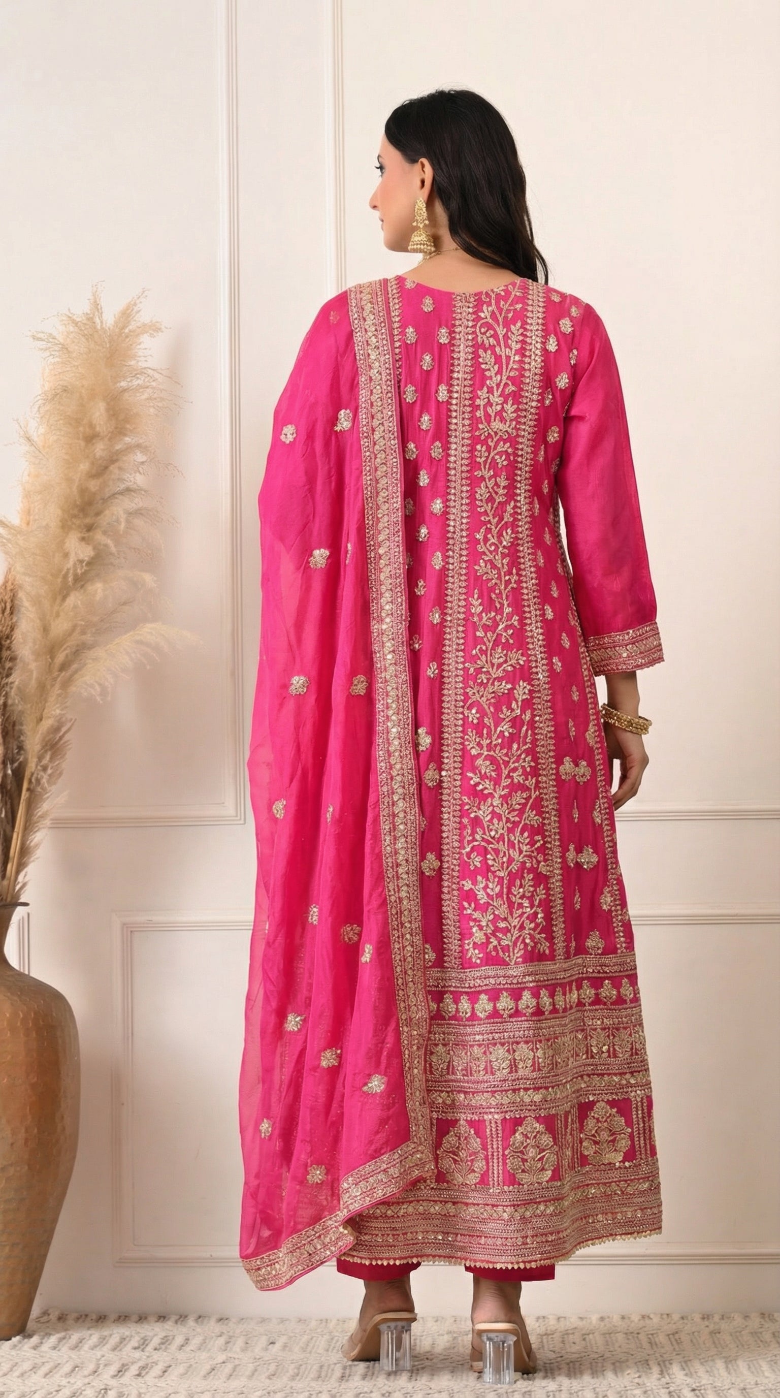 Hot Pink Silk Zari Embroidered Anarkali Suit- Set of 2