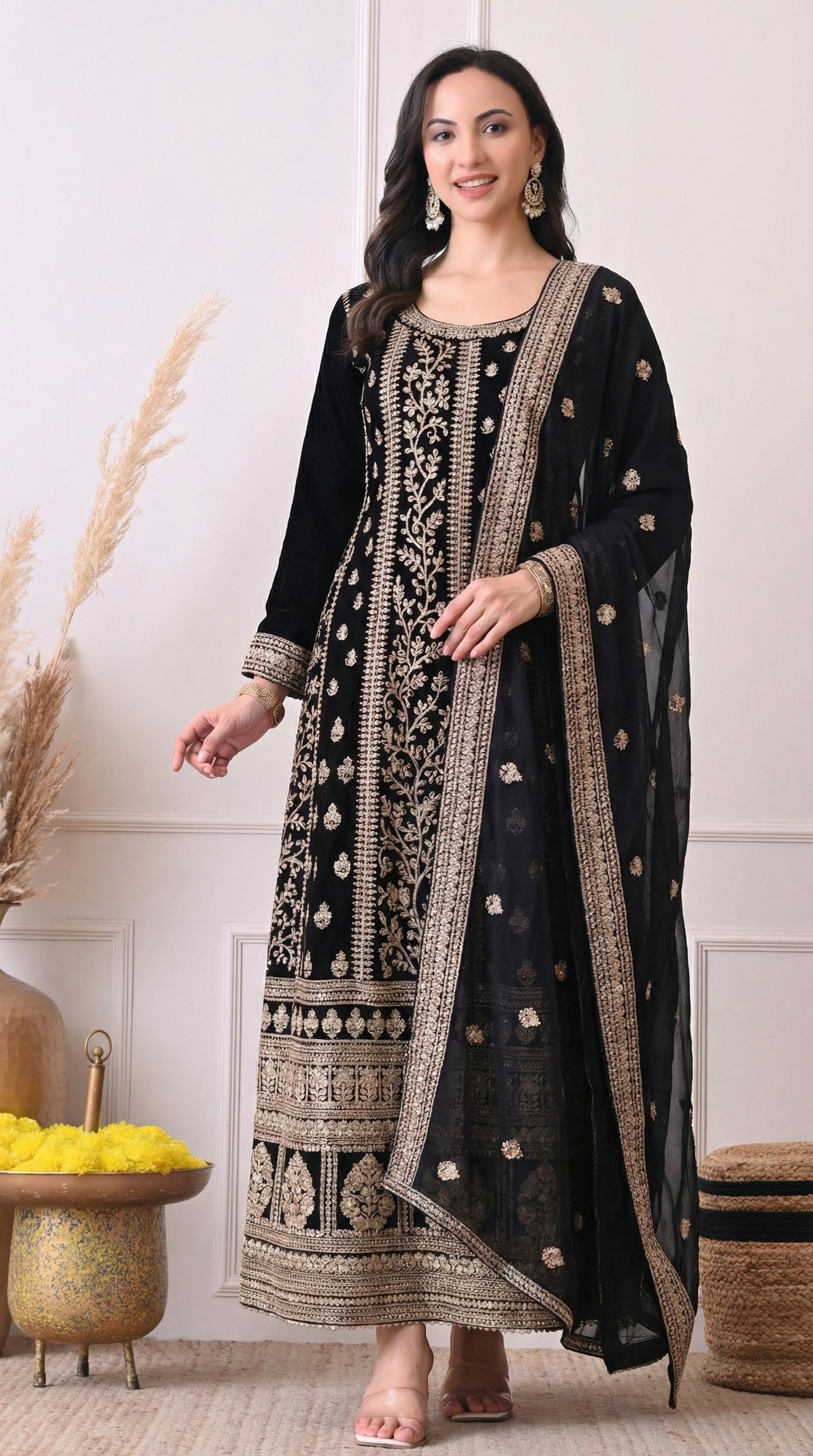 Black Silk Zari Embroidered Anarkali Suit- Set of 2