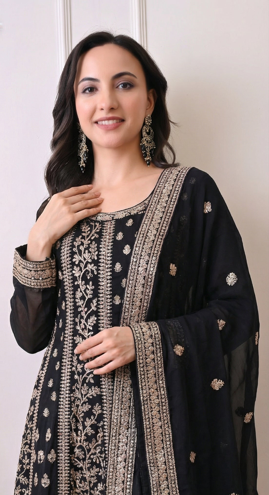 Black Silk Zari Embroidered Anarkali Suit- Set of 2