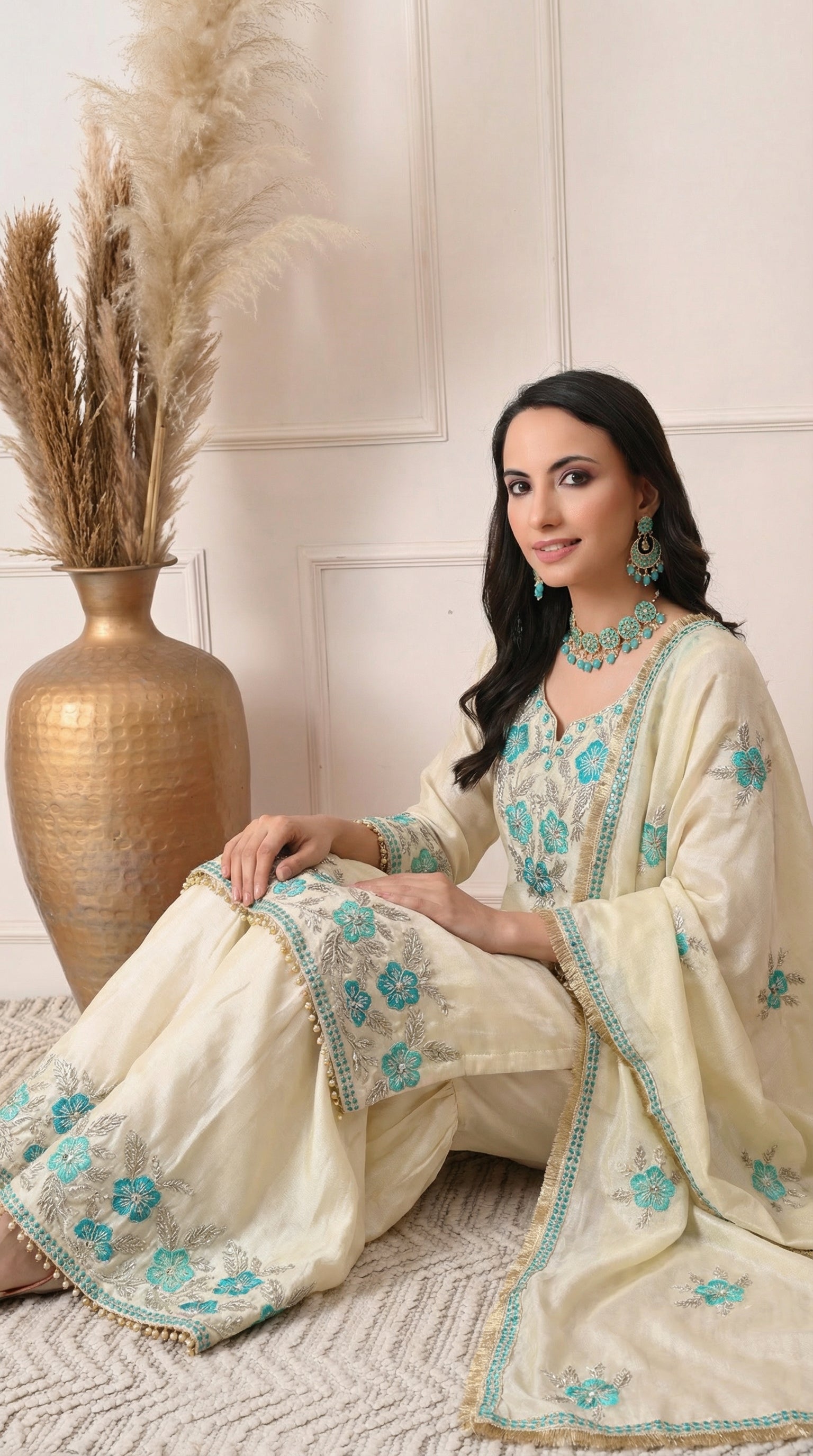 Cream & Teal Floral Embroidered Sharara Suit- Set of 3