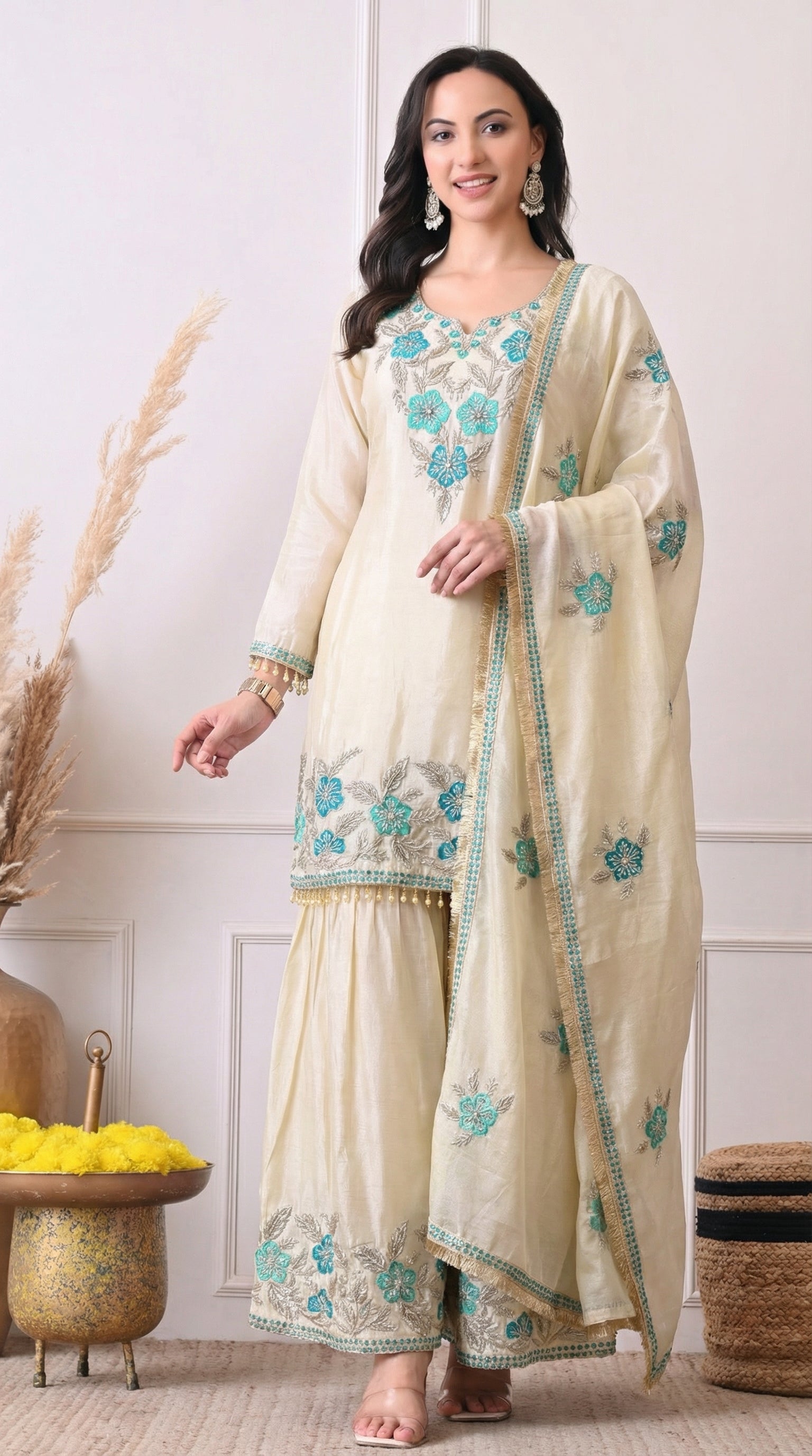 Cream & Teal Floral Embroidered Sharara Suit- Set of 3