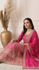 Hot Pink Silk Zari Embroidered Anarkali Suit- Set of 2