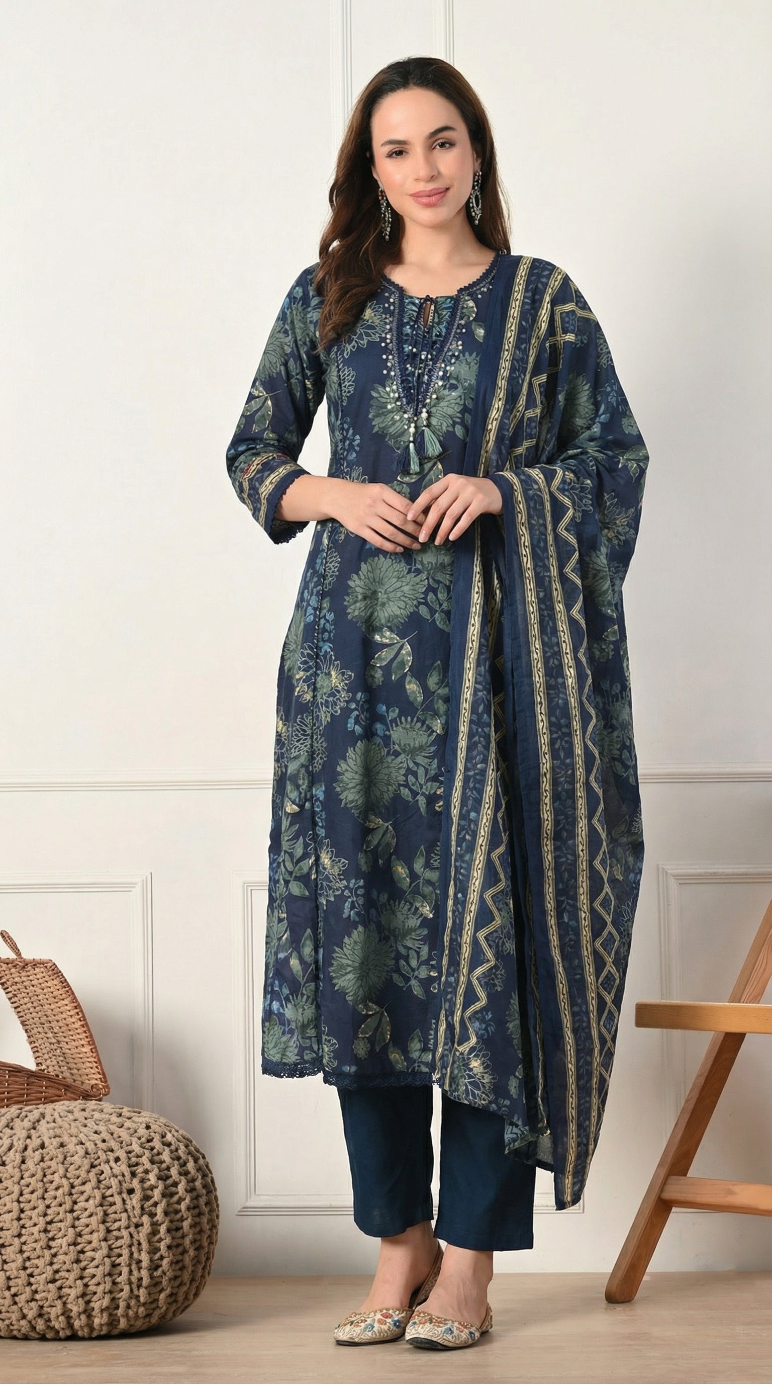 Navy Blue Cotton A-Line Kurta Suit- Set of 3