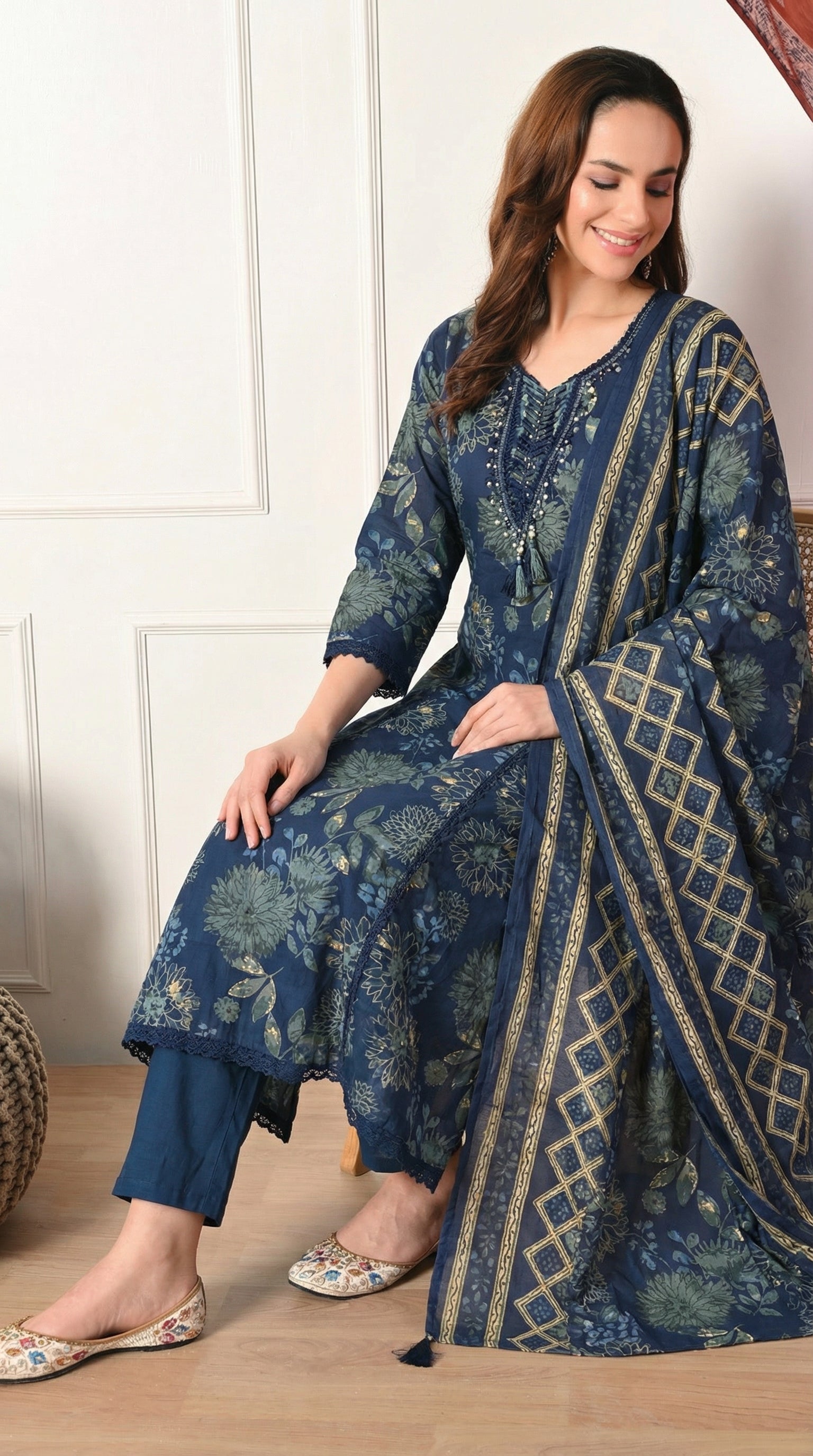 Navy Blue Cotton A-Line Kurta Suit- Set of 3