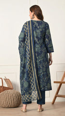 Navy Blue Cotton A-Line Kurta Suit- Set of 3